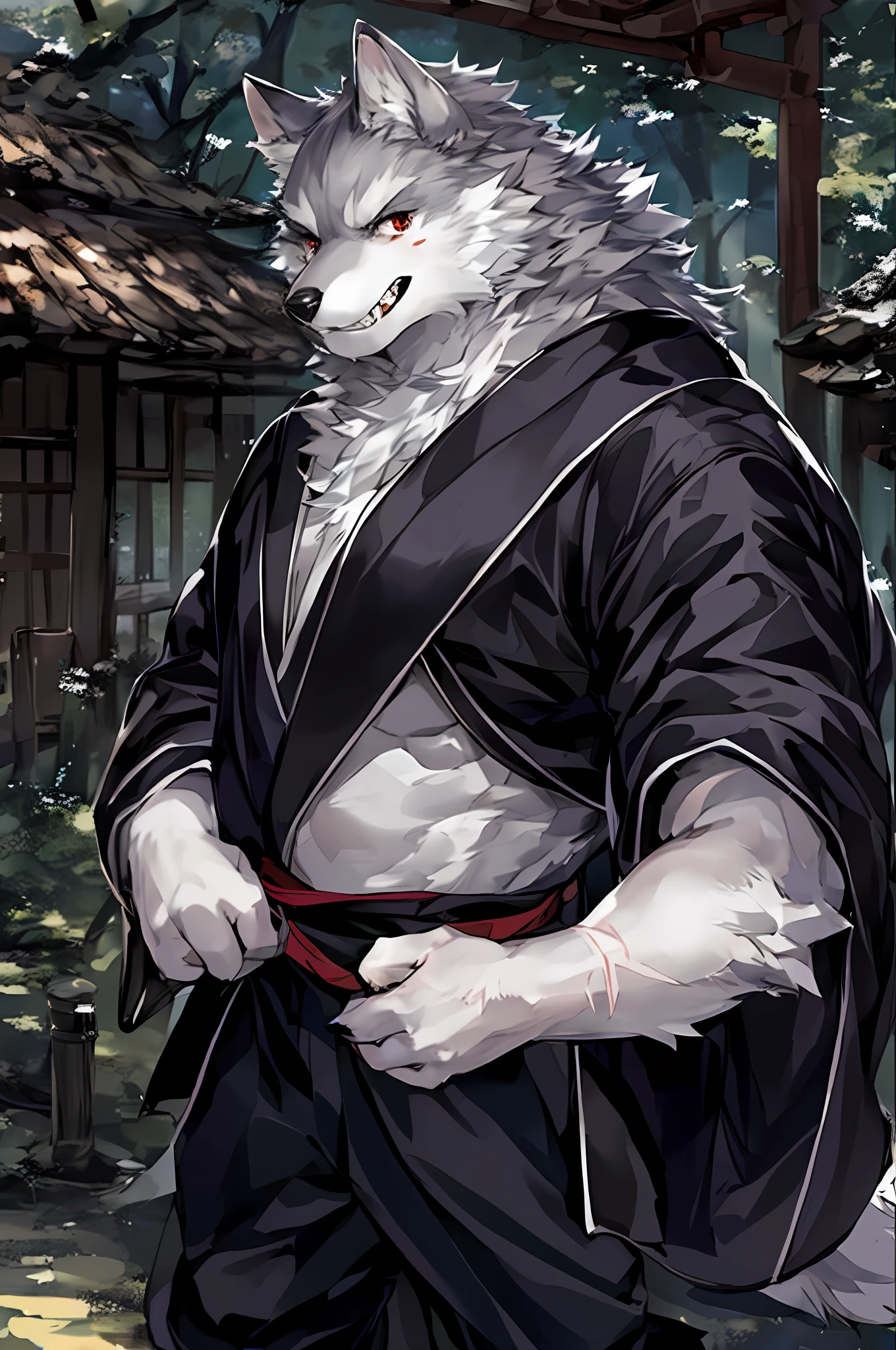 light gray wolf, masterpiece, best quality, absurd res, by kiyosan, by null-ghost, furry, wolf, male, muscular, solo, long black cloak, (wide trousers)+, kimono, red pupils, black eyes, thick eyebrows, smirk, white fangs, sharp teeth, smiling, light gray fur, silver fur, (scar on nuzzle:0.9), looking at viewer, detailed fur, fluffy, tail, detailed background, japanese village
