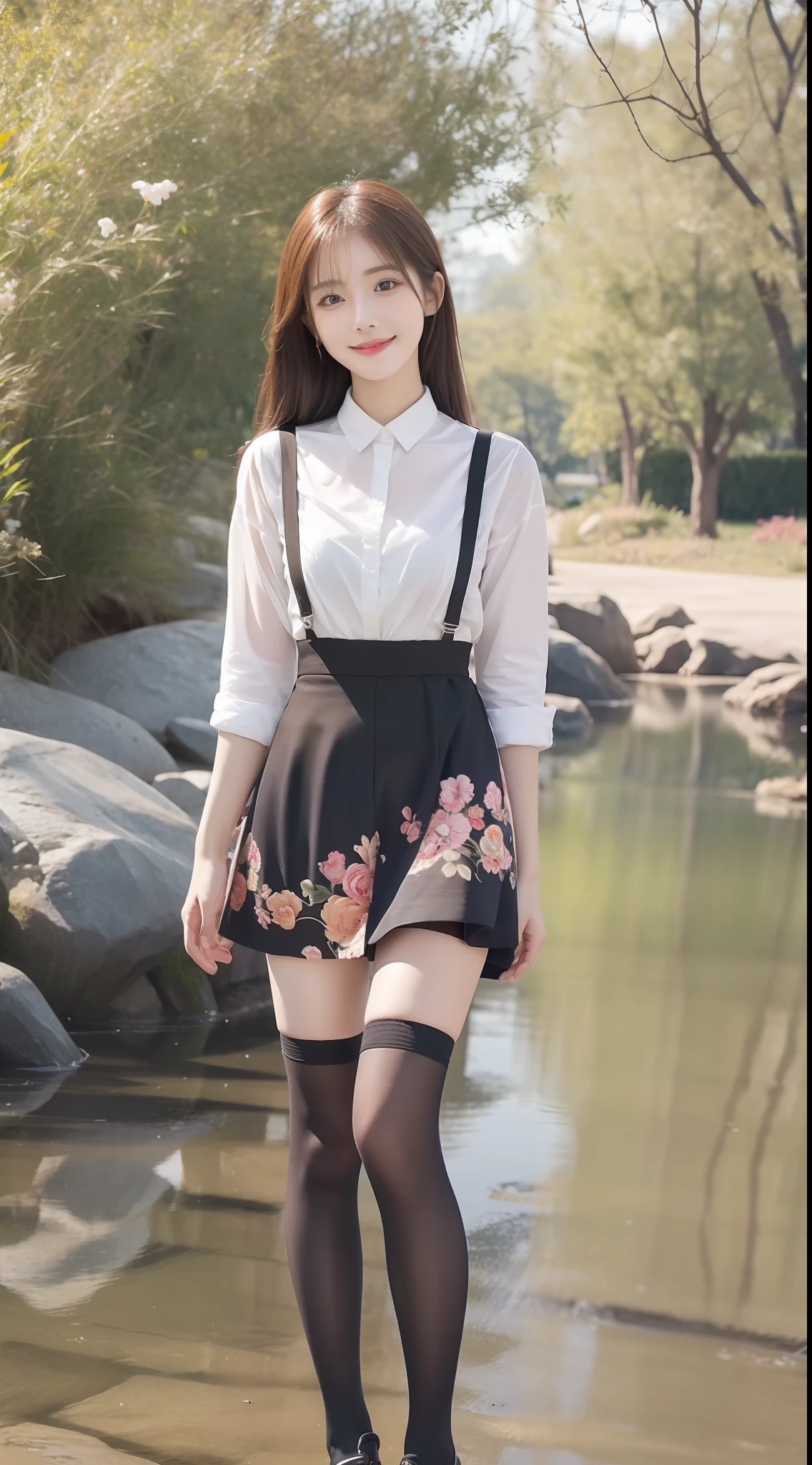 (true to life,Photorealistic 1.5),((best qualtiy, 8K, tmasterpiece:1.3)), (二重まぶた,largeeyes:1.3),(smile1.5),(Full body photo 1.5)(One person 1.5)Clear focus 1.2, Perfect body beauty:1.4 , Delicate skin1.1,(Long brown hair 1.5),(Delicate facial features1.4),(Pure desire 1.3)(Black high socks 1.5)(The leg length is one meter two,1.5),Suspenders floral clothes,pleatedskirt,Slender legs,No shoes,Stand in the stream