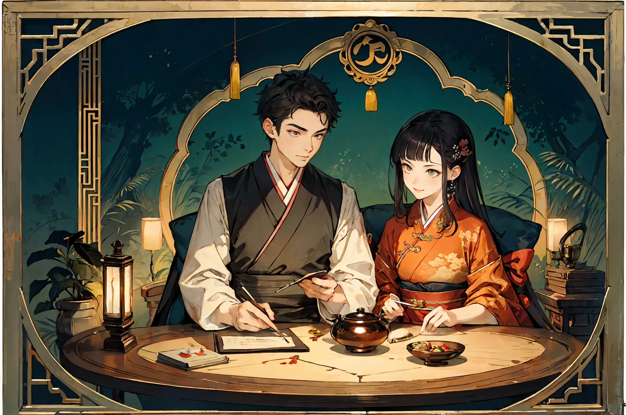(beste-Qualit), oriental detailed background, girl with man, an alchemist, Eyes in the style of China, Successful anatomy of the fingers