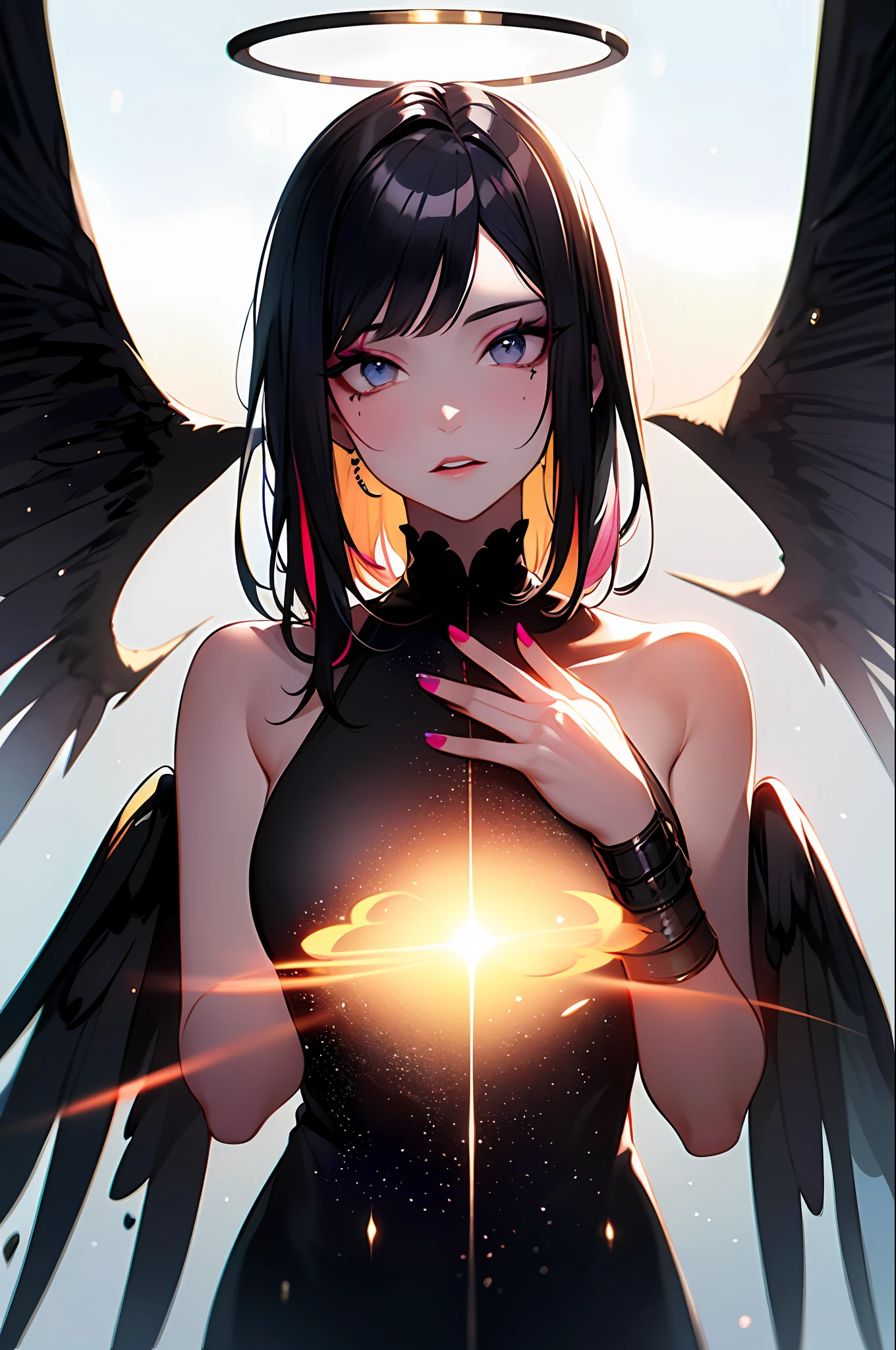 (Masterpiece:1.2), best quality, (illustration:1.2), (ultra-detailed),Eye focus,(Masterfully crafted Glow, pink lens flare), (Cinematic background), hyper details, (delicate detailed), (intricate details),in the air, octane render, hdr, (hyperdetailed:1.15), (soft light:1.2), 1girl, beautiful girl, ultra detailed eyes, mature, plump, thick, rainbow painting drops, paint teardrops, woman made up from paint, entirely paint, splat, splash, outdoors, (bioluminescent hair:1.1),(glowing eyes), ((makeup)),(Cinematic masterpiece), fierce, powerful, splashes of colour absolutely eye-catching, (Cinematic headlight), light coming from above, growing shadows, ((caustic)), dynamic angle, beautiful detailed glow, ambient occlusion, ambient light, raytraced reflections,(best illumination, an extremely delicate and beautiful), ((cinematic light)), (soft:2), (Nephilim:1.2), (halo), demon horns,(1 angel wing),1 demon wing, wings on back, half demon, demon ears, black wings, raven wings, (falling raven feathers), black hair, grey eyes, (red hair glow), (radiant aura),