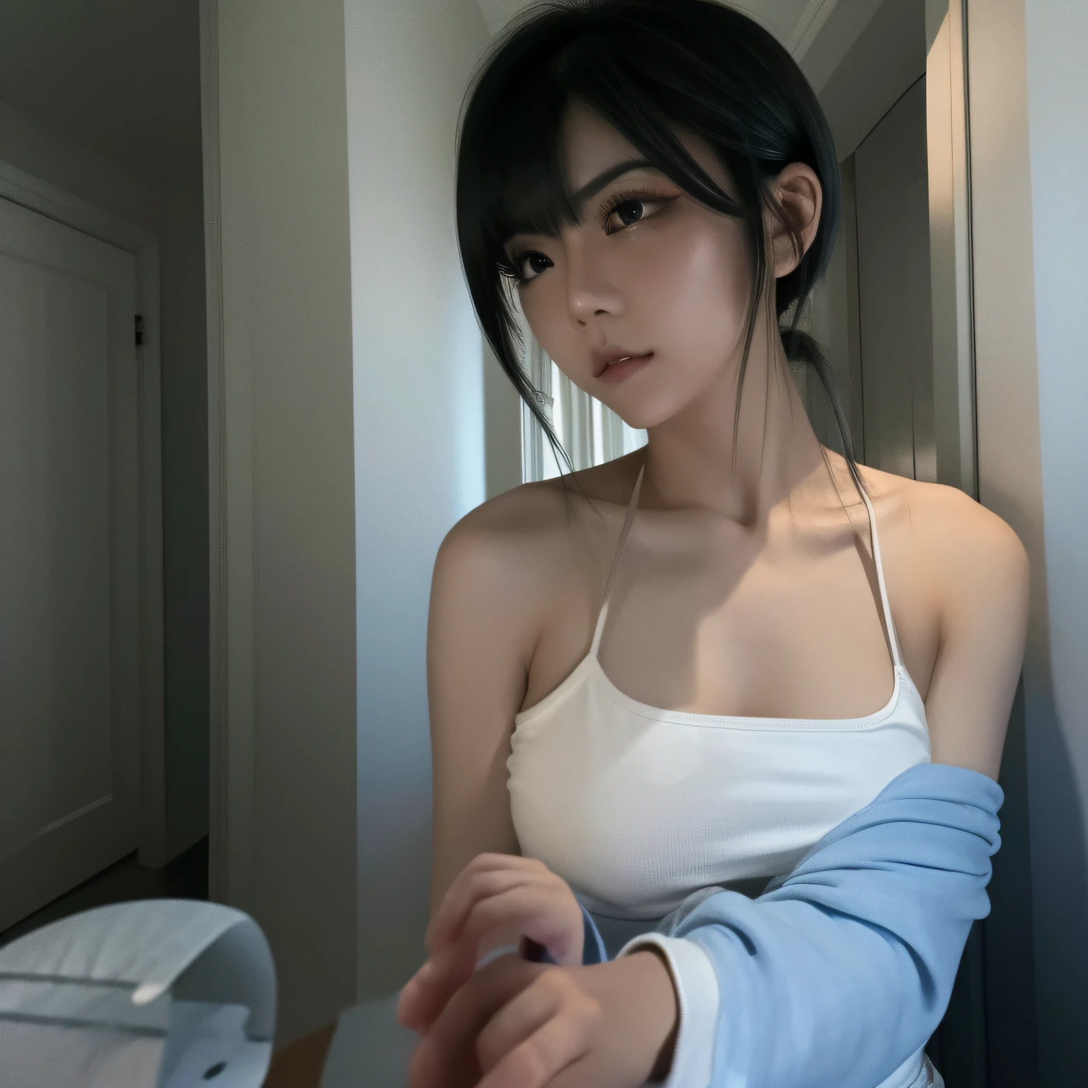 black hair, longeyelashes, solid circle eyes, Hanging, streaked hair, double bun, hair over shoulder, swept bangs, medium hair, bob cut, nihongami, mole under eye, rolling eyes, dashed eyes, empty eyes, half-closed eyes, eyeball, tsurime, sanpaku, solid circle eyes, makeup, Surrealism, drop shadow, anaglyph, stereogram, tachi-e, atmospheric perspective, zoom layer, first-person view, 8k, super detail, ccurate, best quality, 8k, asian beauty,