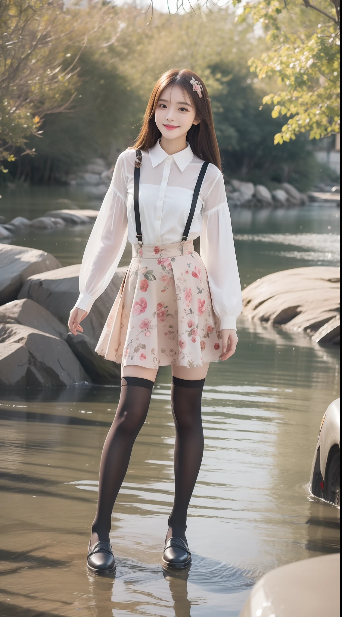 （true to life，Photorealistic 1.5）,((best qualtiy, 8K, tmasterpiece:1.3)), (二重まぶた，largeeyes:1.3),（smile1.5），（Full body photo 1.5）（One person 1.5）Clear focus 1.2, Perfect body beauty:1.4 , Delicate skin1.1，（Long brown hair 1.5），（Delicate facial features1.4），（Pure desire 1.3）(Black high socks 1.5)（The leg length is one meter two，1.5），Suspenders floral clothes，pleatedskirt，Slender legs，No shoes，Stand in the stream