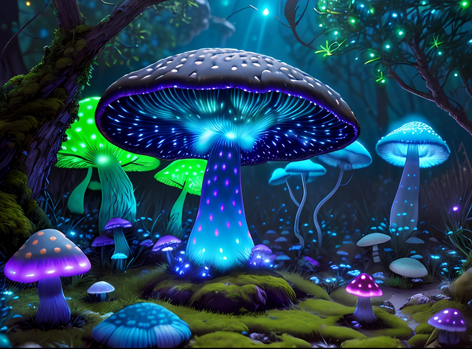 (highly detailed:1.2),(best quality:1.2),8k,sharp focus, (subsurface scattering:1.1)
(glowing magic bioluminescent mushrooms:1.2),psychadelic magic particles inthe air, (neon bioluminescent mushroom forest at night:1.2), (magical fireflies:1.2)
(very detailed trees and rocks and moss:1.2), (highly detailed background:1.3), RPG, Elden Ring style, (fantasy:1.3),(hyperrealistic:1.1), (((night))), cinematic lighting, highly detailed, artstation,smooth, sharp focus, artgerm, greg rutkowski, editor's pickup, trending on artstation, trending on deviantart, wlop, (contrast:0.4),