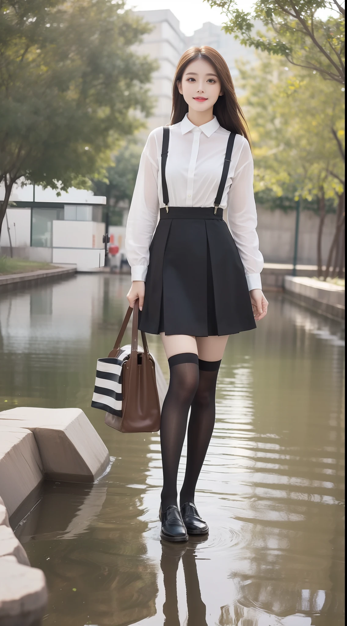 (true to life,Photorealistic 1.5),((best qualtiy, 8K, tmasterpiece:1.3)), (二重まぶた,largeeyes:1.3),(smile1.5),(Full body photo 1.5)(One person 1.5)Clear focus 1.2, Perfect body beauty:1.4 , Delicate skin1.1,(Long brown hair 1.5),(Delicate facial features1.4),(Pure desire 1.3)(Black high socks 1.5)(The leg length is one meter two,1.5),Suspenders floral clothes,pleatedskirt,Slender legs,No shoes,Stand in the stream