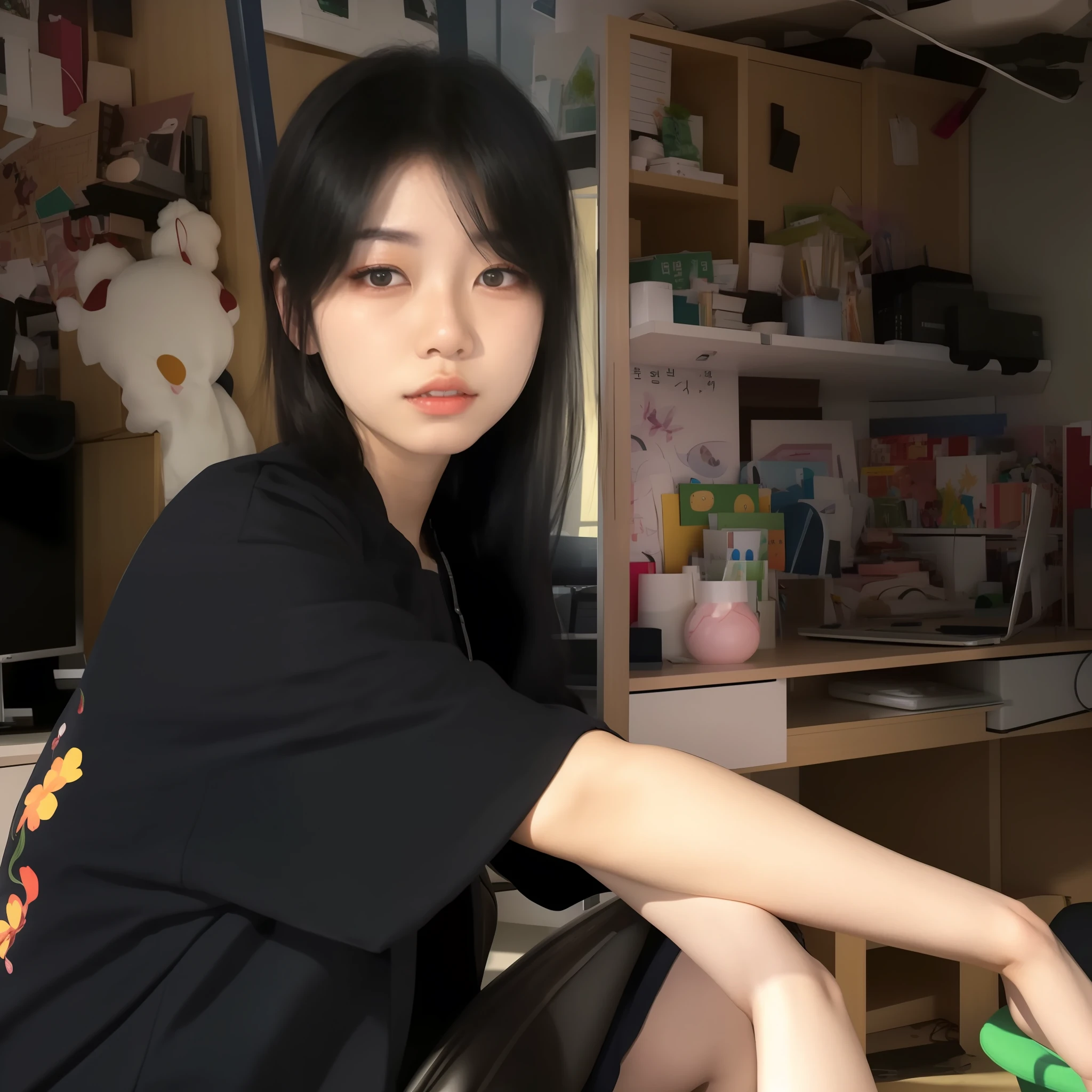 There was a woman sitting at her desk，Hold the computer, 🤤 girl portrait, Korean girl, A young Asian woman, xintong chen, inspired by Ma Yuanyu, She has black hair，By bangs, ulzzangs, Young Asian girl, Yoshitomo Nara, xision wu, sakimichan