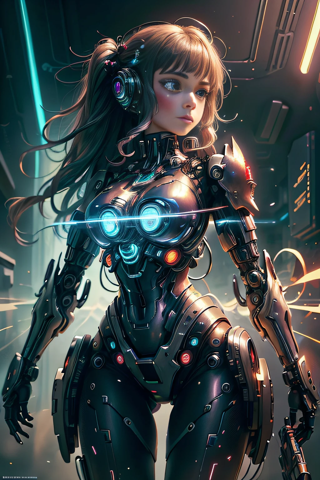 (Masterpiece, Top Quality, Best Quality, Official Art, Beauty and Aesthetic: 1.2), (1 Girl), Mecha, Future, Technology, Light, Cyberpunk City, Entanglement, Upper Body, Extremely Detailed, (Fractal Art: 1.3), colorful and most detailed