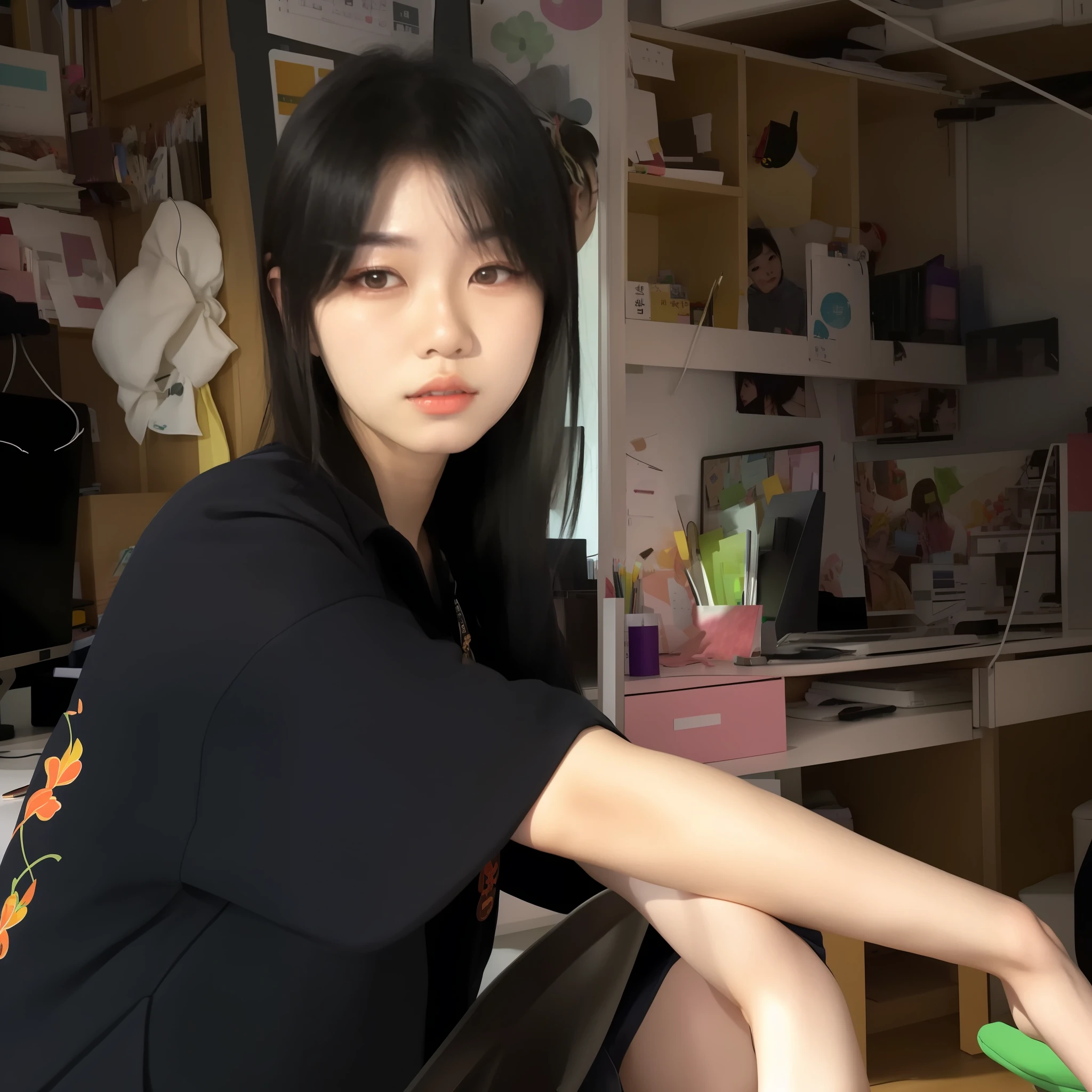 There was a woman sitting at her desk，Hold the computer, 🤤 girl portrait, Korean girl, A young Asian woman, xintong chen, inspired by Ma Yuanyu, She has black hair，By bangs, ulzzangs, Young Asian girl, Yoshitomo Nara, xision wu, sakimichan