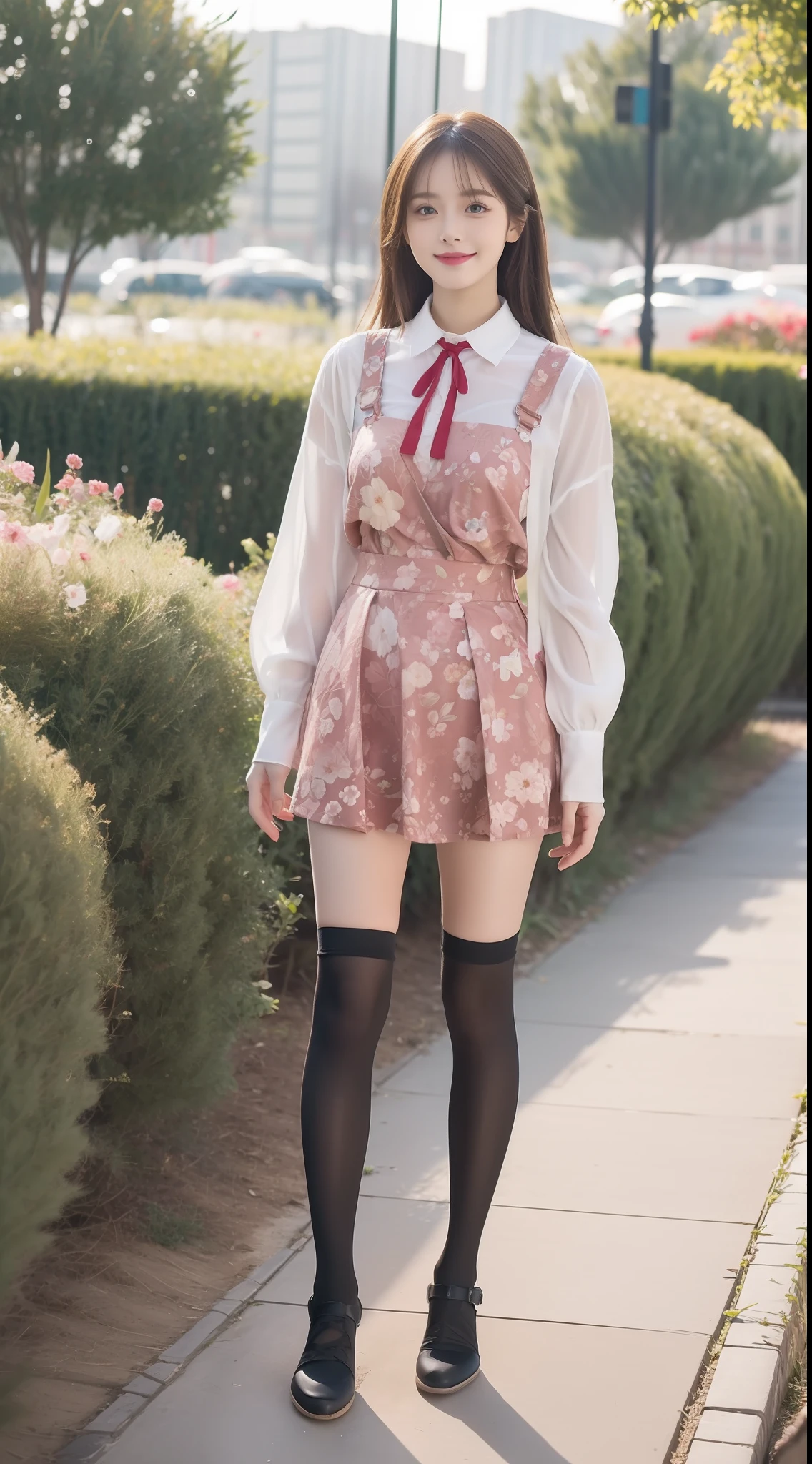 (true to life,Photorealistic 1.5),((best qualtiy, 8K, tmasterpiece:1.3)), (二重まぶた,largeeyes:1.3),(smile1.5),(Full body photo 1.5)(One person 1.5)Clear focus 1.2, Perfect body beauty:1.4 , Delicate skin1.1,(Long brown hair 1.5),(Delicate facial features1.4),(Pure desire 1.3)(Black high socks 1.5)(The leg length is one meter two,1.5),Suspenders floral clothes,pleatedskirt,Slender legs,No shoes,Stand in the stream