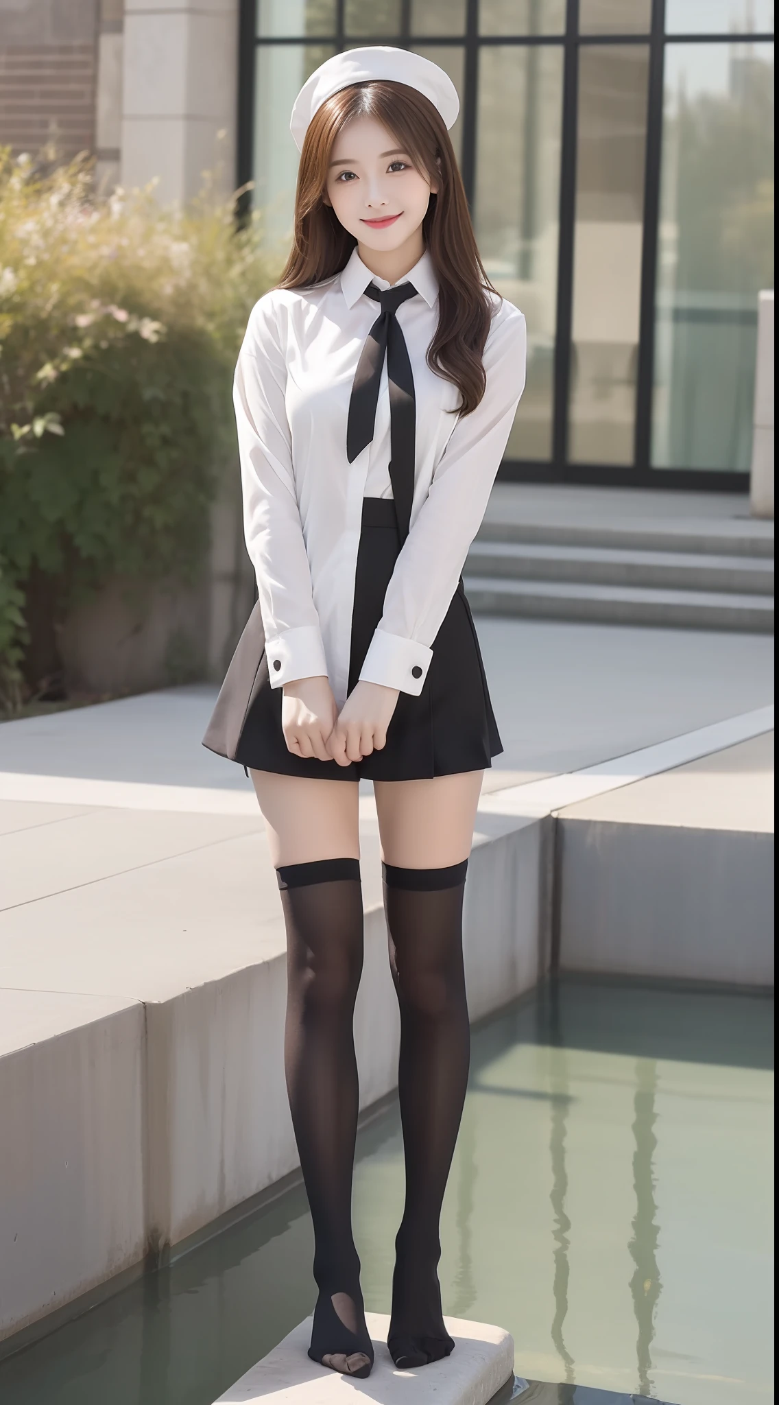 （true to life，Photorealistic 1.5）,((best qualtiy, 8K, tmasterpiece:1.3)), (二重まぶた，largeeyes:1.3),（smile1.5），（Full body photo 1.5）（One person 1.5）Clear focus 1.2, Perfect body beauty:1.4 , Delicate skin1.1，（Long brown hair 1.5），（Delicate facial features1.4），（Pure desire 1.3）(Black high socks 1.5)（The leg length is one meter two，1.5），flightattendantuniform，Slender legs，No shoes，Stand in the stream