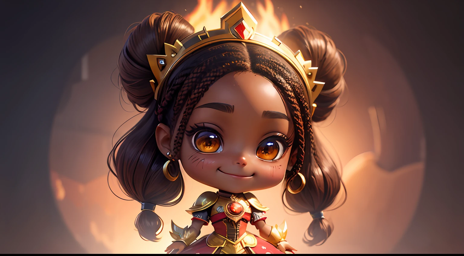 Girl 8, full body, brown hair with cornrows, red and gold princess outfit, dark skin, big eyes, hd, realistic, Disney style, chibi, cute, smiling, Unreal engine, 8k, detailed, --aspect 16:9 --auto