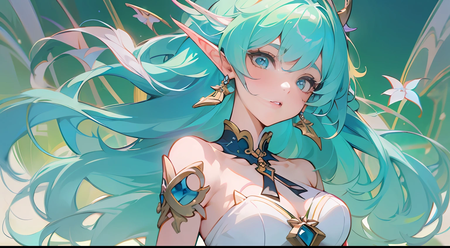 anime - style image of a woman with blue hair and a blue dress, extremely detailed artgerm, trending on artstation pixiv, artgerm on artstation pixiv, 8k high quality detailed art, anime goddess, ! dream artgerm, genshin, 2. 5 d cgi anime fantasy artwork, anime fantasy artwork,((elf ears)), ((long hair)), ((white dress)), ((full body))