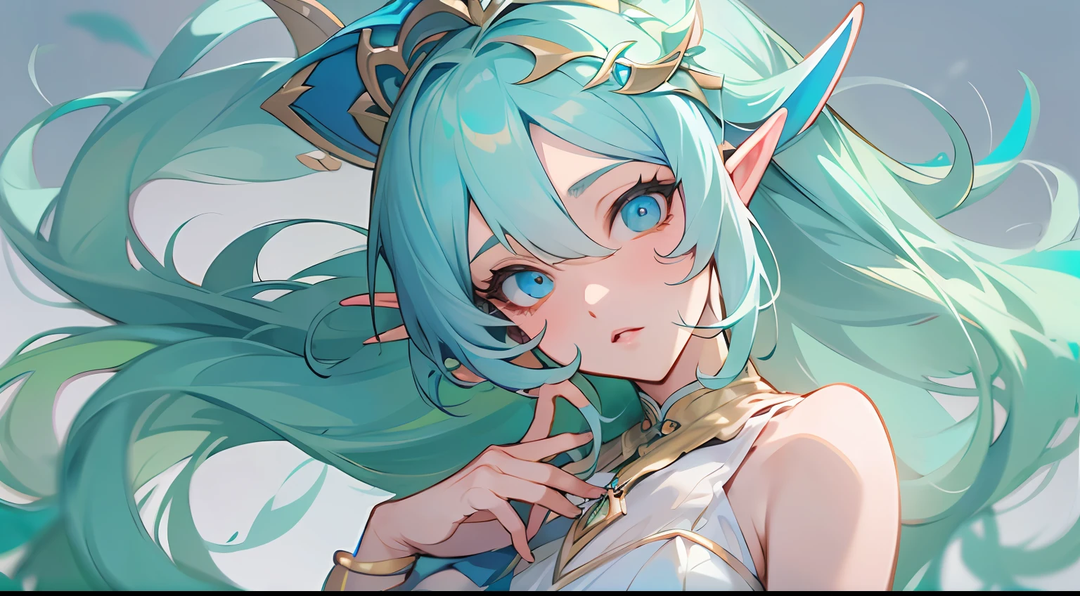 anime - style image of a woman with blue hair and a blue dress, extremely detailed artgerm, trending on artstation pixiv, artgerm on artstation pixiv, 8k high quality detailed art, anime goddess, ! dream artgerm, genshin, 2. 5 d cgi anime fantasy artwork, anime fantasy artwork,((elf ears)), ((long hair)), ((white dress)), ((full body))