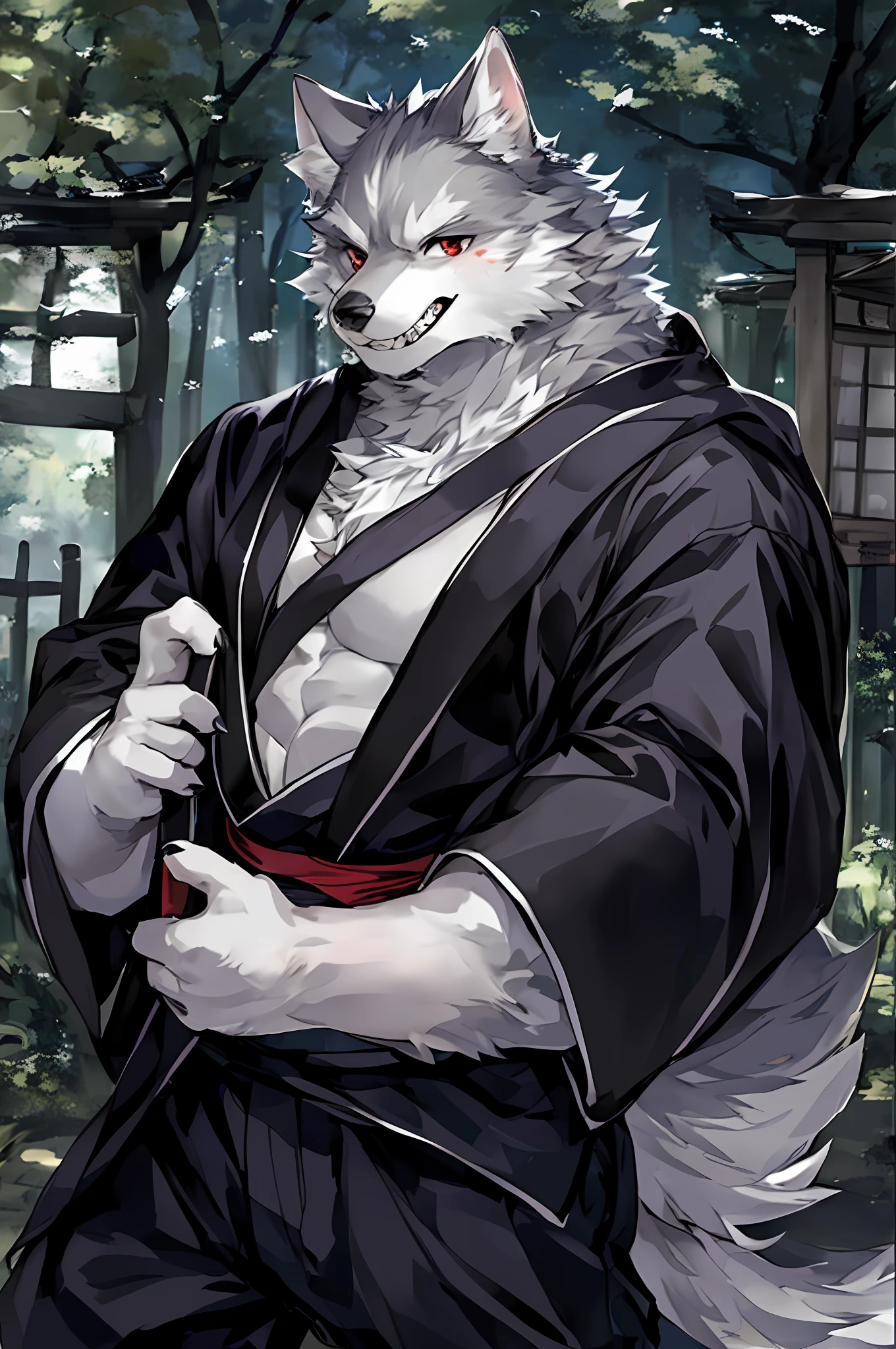 light gray wolf, masterpiece, best quality, absurd res, by kiyosan, by null-ghost, furry, wolf, male, muscular, solo, long black cloak, (wide trousers)+, kimono, red pupils, black eyes, thick eyebrows, smirk, white fangs, sharp teeth, smiling, light gray fur, silver fur, (scar on nuzzle:0.9), looking at viewer, detailed fur, fluffy, tail, detailed background, japanese village