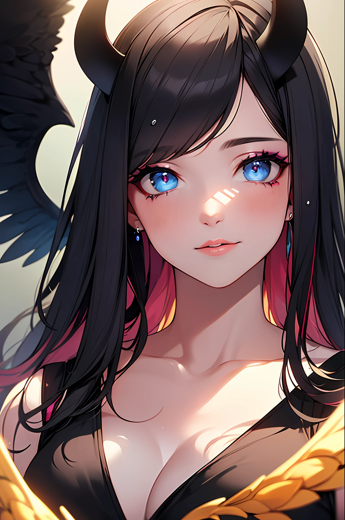 (Masterpiece:1.2), best quality, (illustration:1.2), (ultra-detailed),Eye focus,(Masterfully crafted Glow, pink lens flare), (Cinematic background), hyper details, (delicate detailed), (intricate details),in the air, octane render, hdr, (hyperdetailed:1.15), (soft light:1.2), 1girl, beautiful girl, ultra detailed eyes, mature, plump, thick, rainbow painting drops, paint teardrops, woman made up from paint, entirely paint, splat, splash, outdoors, (bioluminescent hair:1.1),(glowing eyes), ((makeup)),(Cinematic masterpiece), fierce, powerful, splashes of colour absolutely eye-catching, (Cinematic headlight), light coming from above, growing shadows, ((caustic)), dynamic angle, beautiful detailed glow, ambient occlusion, ambient light, raytraced reflections,(best illumination, an extremely delicate and beautiful), ((cinematic light)), (soft:2), (Nephilim:1.2), (halo), demon horns,(1 angel wing),1 demon wing, wings on back, half demon, demon ears, black wings, raven wings, (falling raven feathers), black hair, grey eyes, (red hair glow), (radiant aura),