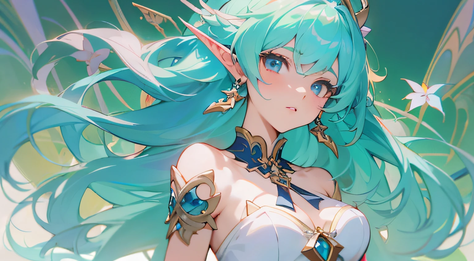 anime - style image of a woman with blue hair and a blue dress, extremely detailed artgerm, trending on artstation pixiv, artgerm on artstation pixiv, 8k high quality detailed art, anime goddess, ! dream artgerm, genshin, 2. 5 d cgi anime fantasy artwork, anime fantasy artwork,((elf ears)), ((long hair)), ((white dress)), ((full body))