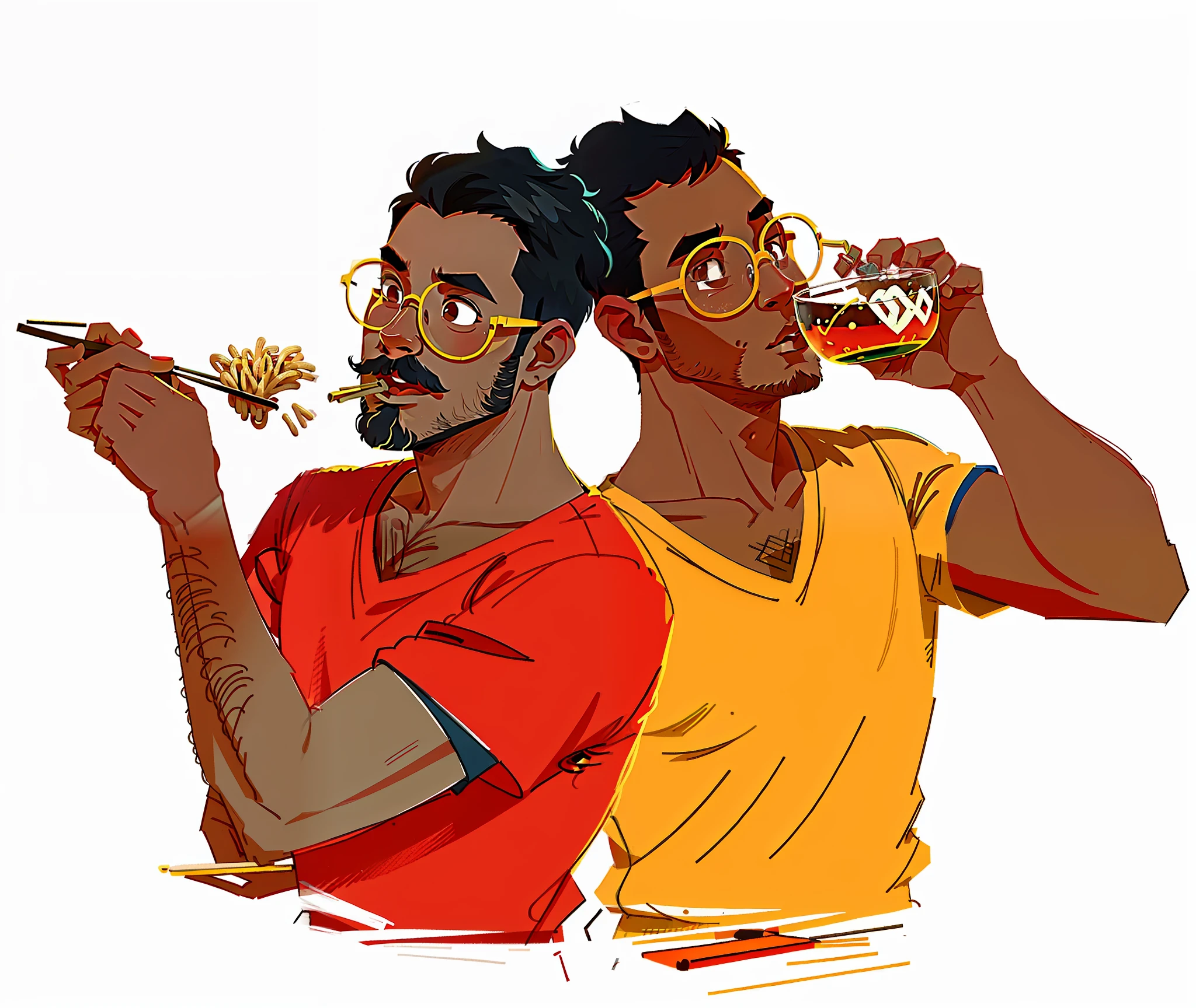 There are two men drinking from glasses and eating noodles, , in illustration style digital,