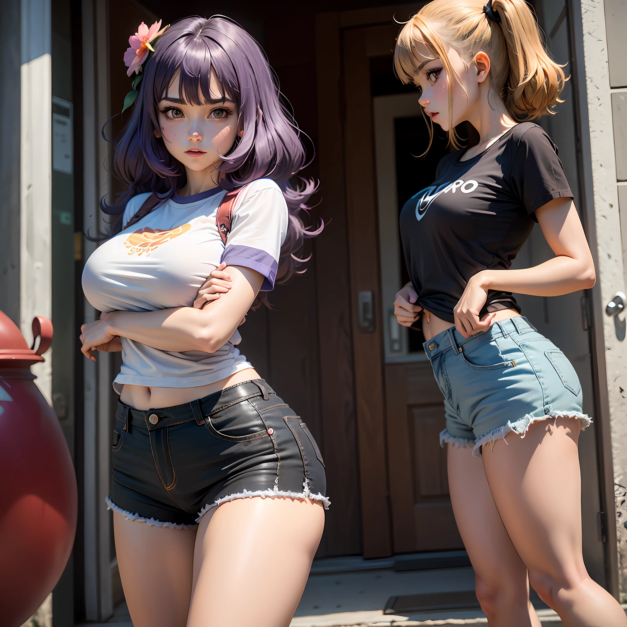 Anime girl, long hair, purple hair, purple flowers, ultra realist