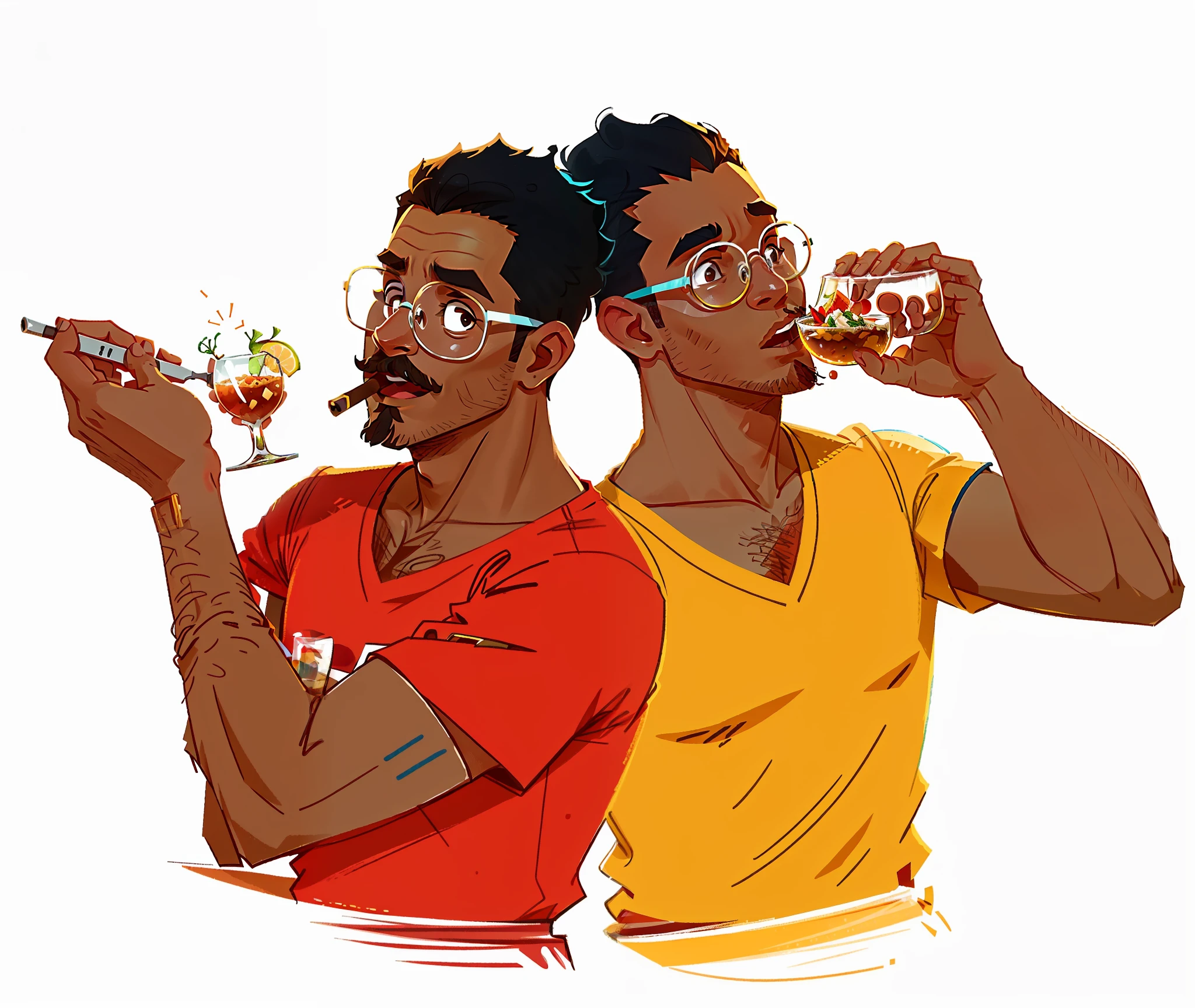 There are two men drinking from glasses and eating food,  rostos realistas muito detalhados, in illustration style digital, rostos detalhados e realistas, detailed characters and expressions