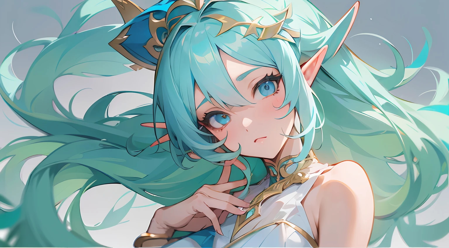 anime - style image of a woman with blue hair and a blue dress, extremely detailed artgerm, trending on artstation pixiv, artgerm on artstation pixiv, 8k high quality detailed art, anime goddess, ! dream artgerm, genshin, 2. 5 d cgi anime fantasy artwork, anime fantasy artwork,((elf ears)), ((long hair)), ((white dress)), ((full body))