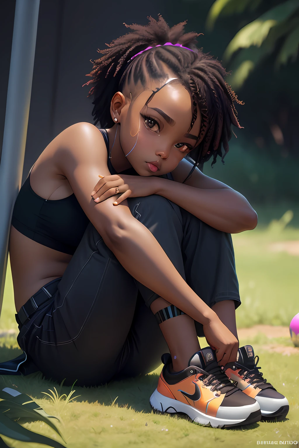 realistic portrait of cute African American  ((dark brown skin color)), big eyes, sitting playing with a ball, ((chibi)), ((ball)), ((grass)), wearing tank top, black pants and black shoes, current fashion, kanekalon style hair, dark lighting background, close-up, product view, detailed facial details, perfect face, sharpness, trend art, sharp facial details, cgsociety, ultra high quality digital art, hyper details exquisite, 4k, 8k neon lighting, --iso 100 dreamy, fashion -