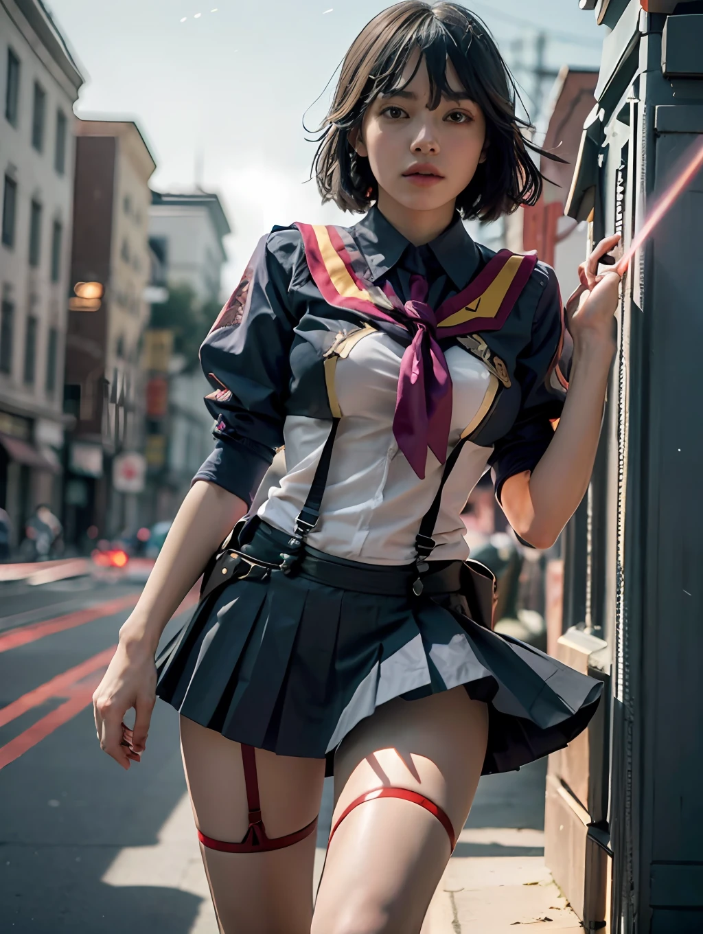 1girl, senketsu, matoi ryuuko, matoi ryuko, suspender, school uniform, (realistic:1.2), (realism:1.2), (masterpiece:1.2), (best quality), (ultra detailed), (intricate), (85mm), light particles, lighting, (highly detailed:1.2), (gradients), sfw, colorful, (detailed background), (rule of third_composition:1.3), (Line of action:1.2), widaylight, solo