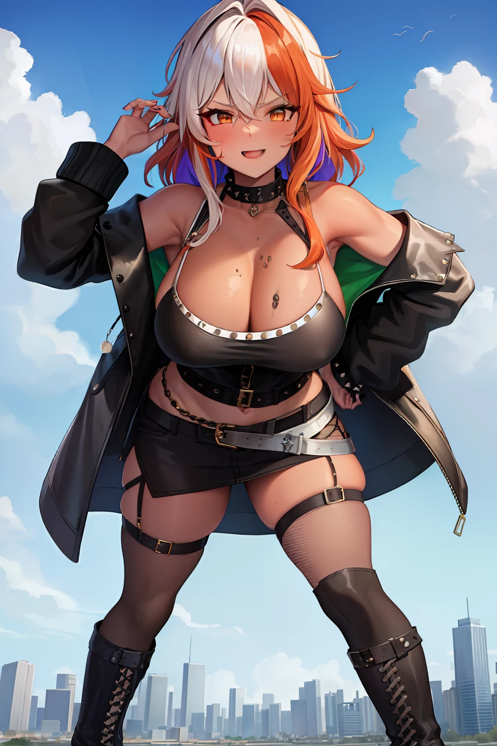 Bare shoulders,punk,tube top,studded belt,large breast,sugar momma,fur coat,coat resting on shoulders,leather jeans,goth boots,armored boots,toned,sweaty, gradient hair,milf,fish nets,GtsGiga,cityscape,Gtscity,orange eyes,chocker,looking down at viewer,low angle,from below,full body,towering over clouds,muscular,best quality,masterpiece,stepping over,Rampage,multicolored hair,red hair,thick thighs,curvy,dark skin,dark skinned female,intense size difference,white hair,Stepping,bigger than the city,asymmetrical hair,platformed boots,Afro,sly smile,dominant pose,hand on hip,Looming,two toned hair