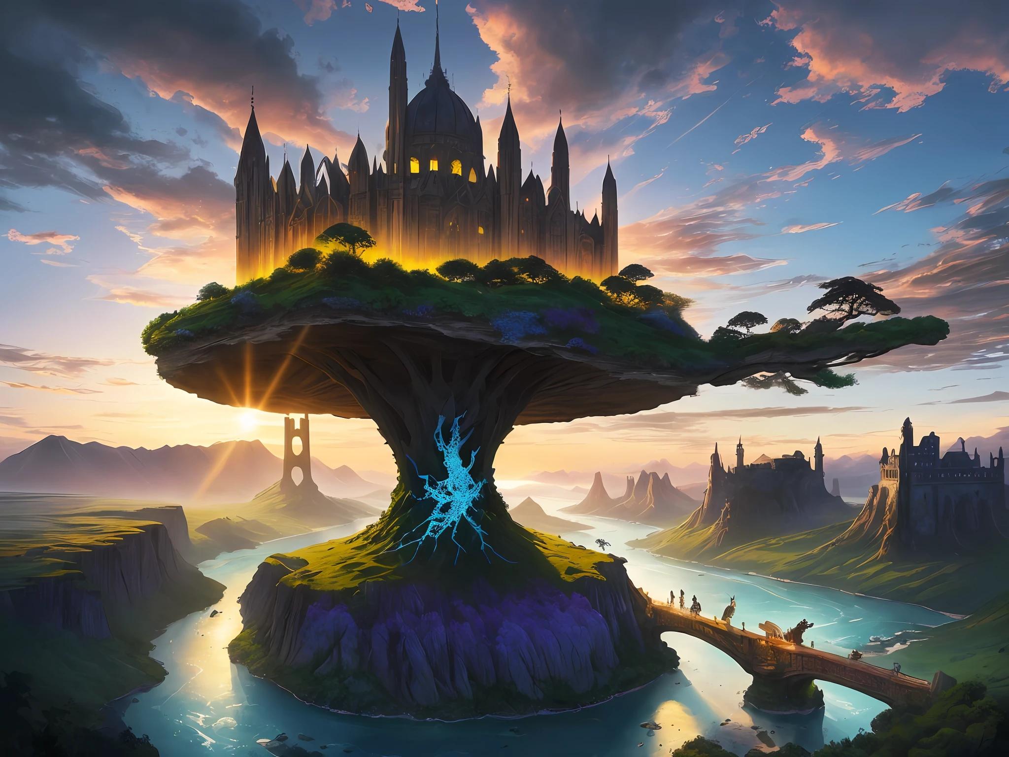 (masterpiece, high resolution, detailed, fantasy landscape:1.3), a wondrous and majestic landscape inspired by the magical realm of Apterus, where enchantment and beauty converge. Vast and rolling (meadows of vibrant flora:1.2), (luminous bioluminescent trees:1.1) casting a soft glow, their ethereal light illuminating the surroundings, (crystal-clear rivers:1.2) flowing through the verdant expanse, carrying with them the essence of ancient magic.
In the distance, (towering spires of an ancient citadel:1.2), with (floating islands:1.1) adorning the sky, each island connected by (arcane bridges:1.2) that shimmer with mystical energy, leading to breathtaking (aerial gardens:1.1) suspended in the air, a testament to the ingenuity and mastery of the realm's inhabitants.
The horizon is adorned with (luminescent clouds:1.2), painting the sky with a myriad of colors, from deep purples to shimmering golds, a true (sunset of wonders:1.2) that captivates the soul. In the midst of this enchanting vista, (mythical creatures:1.2) soar through the skies, their majestic wings casting shadows below.
In this realm of Apterus, nature and magic intertwine in perfect harmony, creating a scene of unparalleled beauty and awe. (Fantasy masterpiece:1.2) inviting viewers to step into this ethereal world and explore its magical wonders.