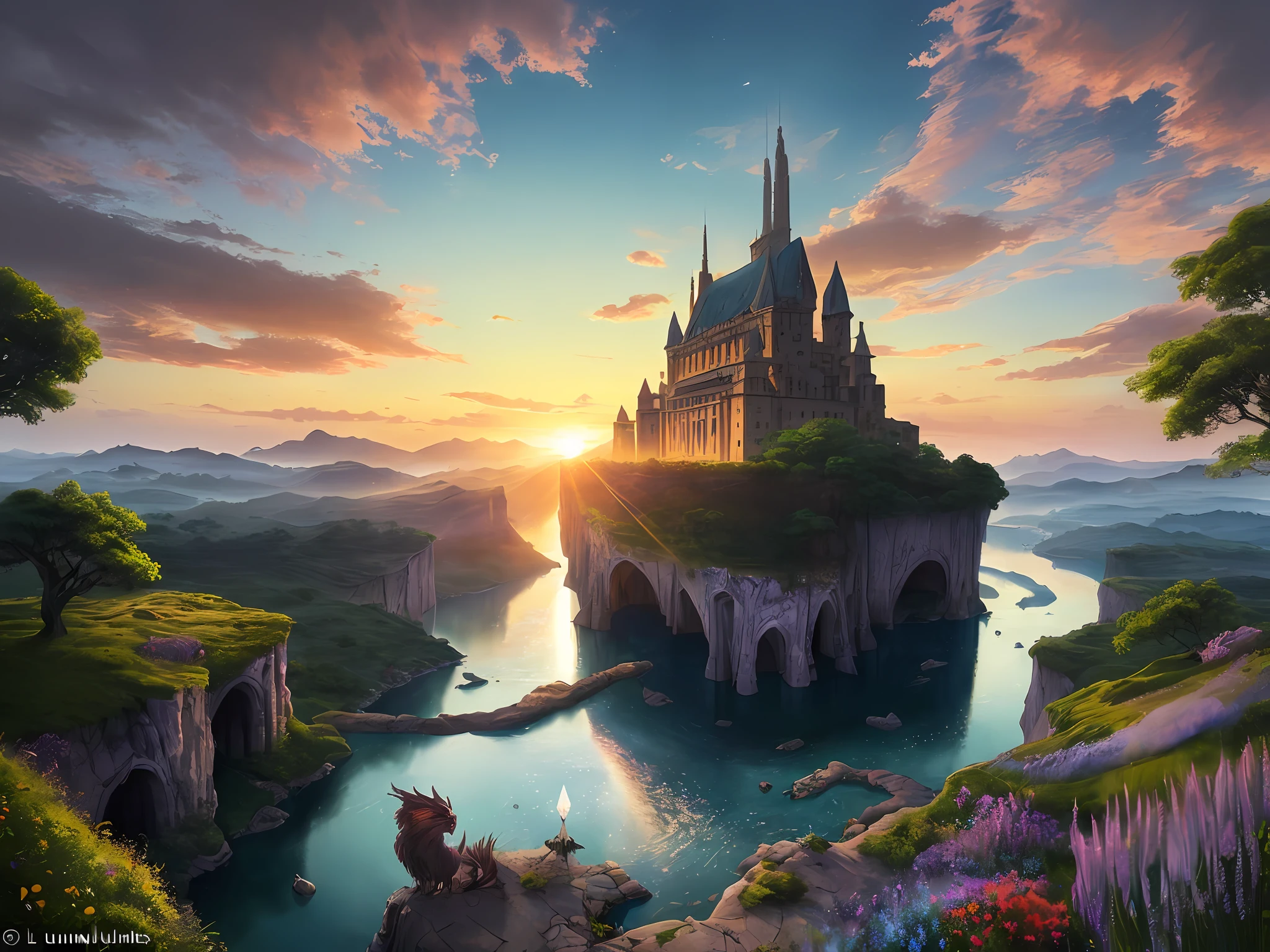 (masterpiece, high resolution, detailed, fantasy landscape:1.3), a wondrous and majestic landscape inspired by the magical realm of Apterus, where enchantment and beauty converge. Vast and rolling (meadows of vibrant flora:1.2), (luminous bioluminescent trees:1.1) casting a soft glow, their ethereal light illuminating the surroundings, (crystal-clear rivers:1.2) flowing through the verdant expanse, carrying with them the essence of ancient magic.
In the distance, (towering spires of an ancient citadel:1.2), with (floating islands:1.1) adorning the sky, each island connected by (arcane bridges:1.2) that shimmer with mystical energy, leading to breathtaking (aerial gardens:1.1) suspended in the air, a testament to the ingenuity and mastery of the realm's inhabitants.
The horizon is adorned with (luminescent clouds:1.2), painting the sky with a myriad of colors, from deep purples to shimmering golds, a true (sunset of wonders:1.2) that captivates the soul. In the midst of this enchanting vista, (mythical creatures:1.2) soar through the skies, their majestic wings casting shadows below.
In this realm of Apterus, nature and magic intertwine in perfect harmony, creating a scene of unparalleled beauty and awe. (Fantasy masterpiece:1.2) inviting viewers to step into this ethereal world and explore its magical wonders.