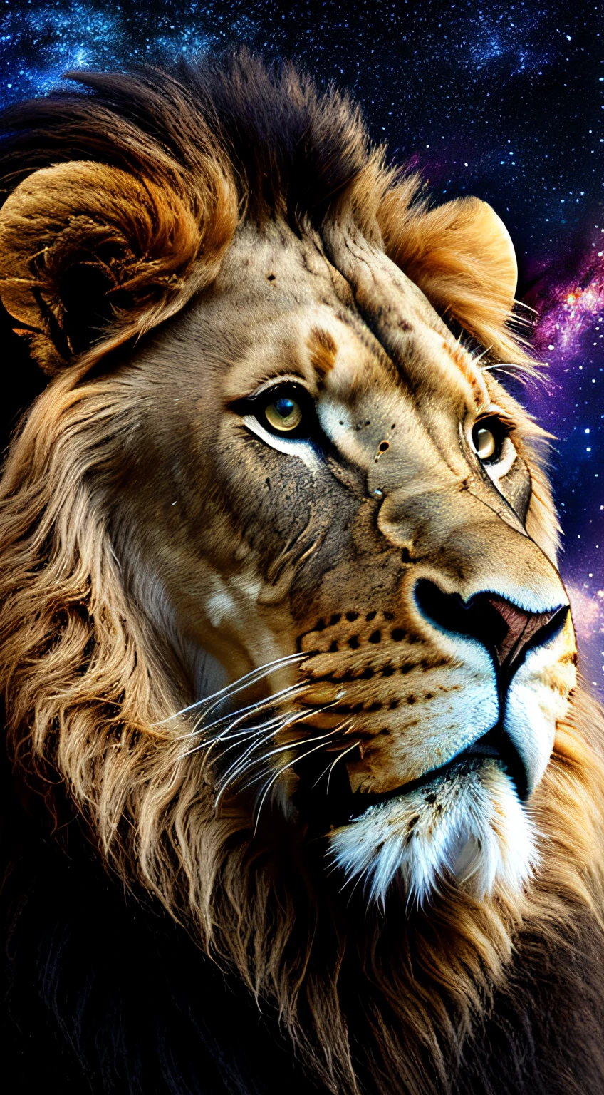 (large imposing realistic lion, living nebula), night sky, Milky Way, bright stars, strong contrast, hairy texture of lion skin, vivid and bright eyes.