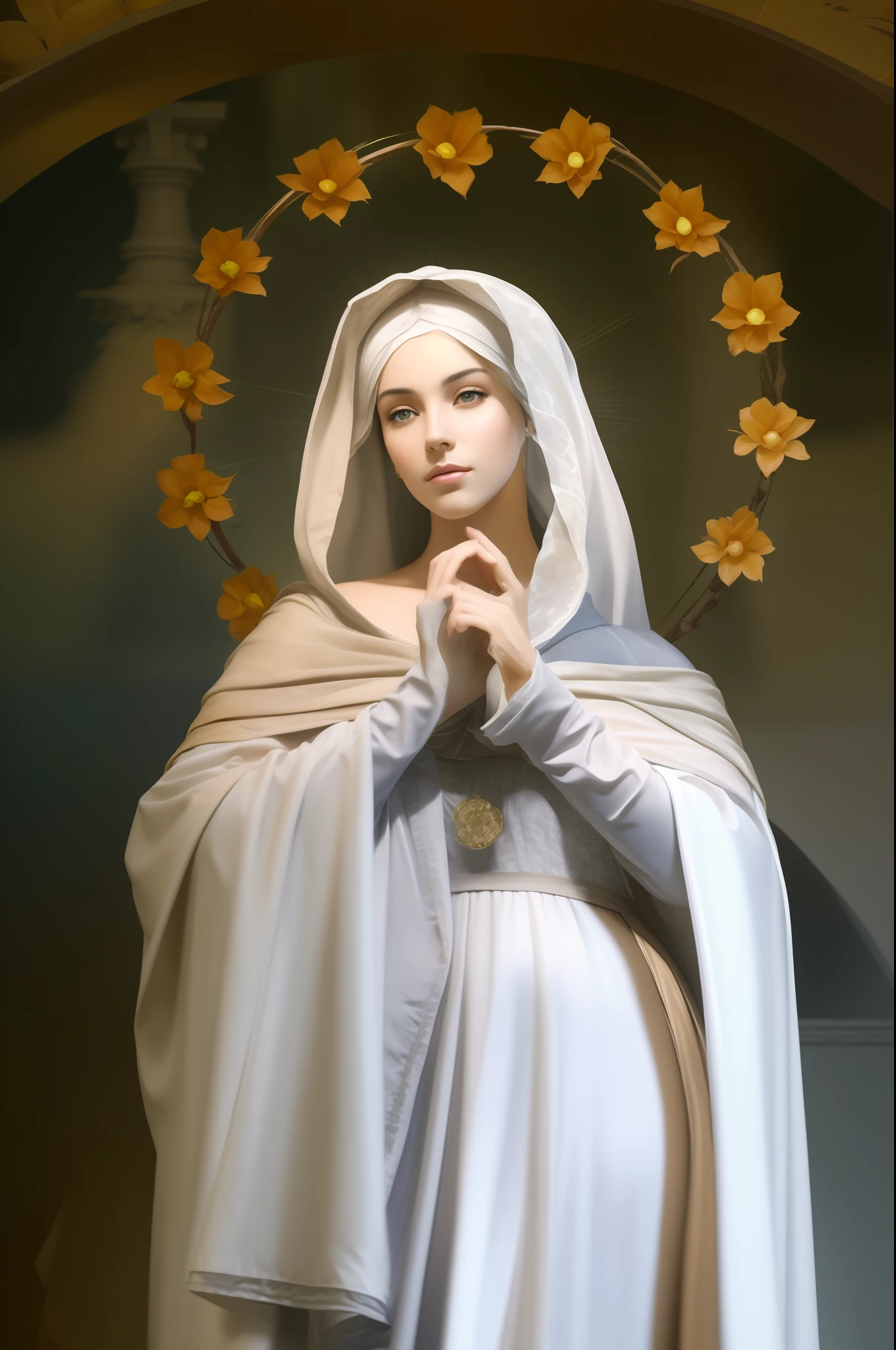 Virgin Mary MYSTIC ROSE. MUJER CAUCASICA. 19 years old, DULCE E INOCENTE MIRADA ANGELICAL, ultra detailed fine art photography, Aura de medianoche, cielo nocturno, Cara hermosa detallada, Dreamy, resplandeciente, retroiluminado, glamur, Mica, sombras, oil on canvas, Pinceladas, Suave, ultra-high def, 8k, Motor Unreal 5, Ultra Sharp Focus, Arte de Alberto Seveso, Artgerm, loish, Sf, Obra maestra de arte intrincada, ominoso, matte paint movie poster, golden ratio, tendencias en CGSociety, intrincado, epopeya, tendencias en Artstation, por artgerm, Altamente detallado, vibrant production cinematic character render ultra high quality model. obra maestra, calidad superior, mejor calidad, arte oficial, beautiful and aesthetic: 1.2), , extremo detallado, colorido, highest detailed, arte oficial, unidad de papel tapiz 8k, ultra detallado, beautiful and aesthetic, hermoso, obra maestra, mejor calidad,