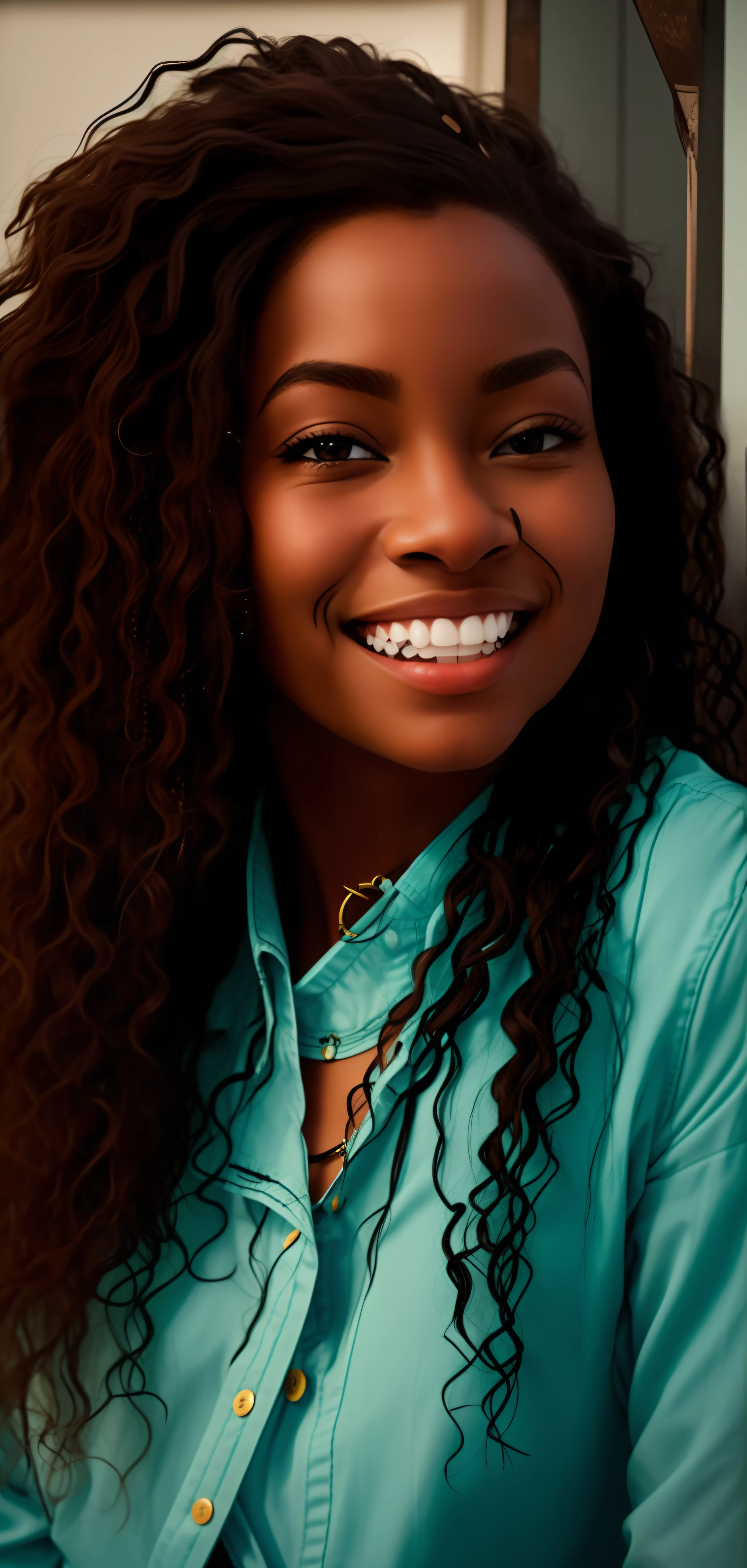 mulher sorridente com cabelo cacheado sentada em frente a um espelho, foto de perfil, taken in the early 2020s, foto de perfil headshot, foto do perfil, foto de uma mulher negra, taken in the late 2010s, imagem de perfil, medium close up portrait, Aida Muluneh, foto do snapchat, Alana Fletcher, Amanda Clarke, Anos Imane