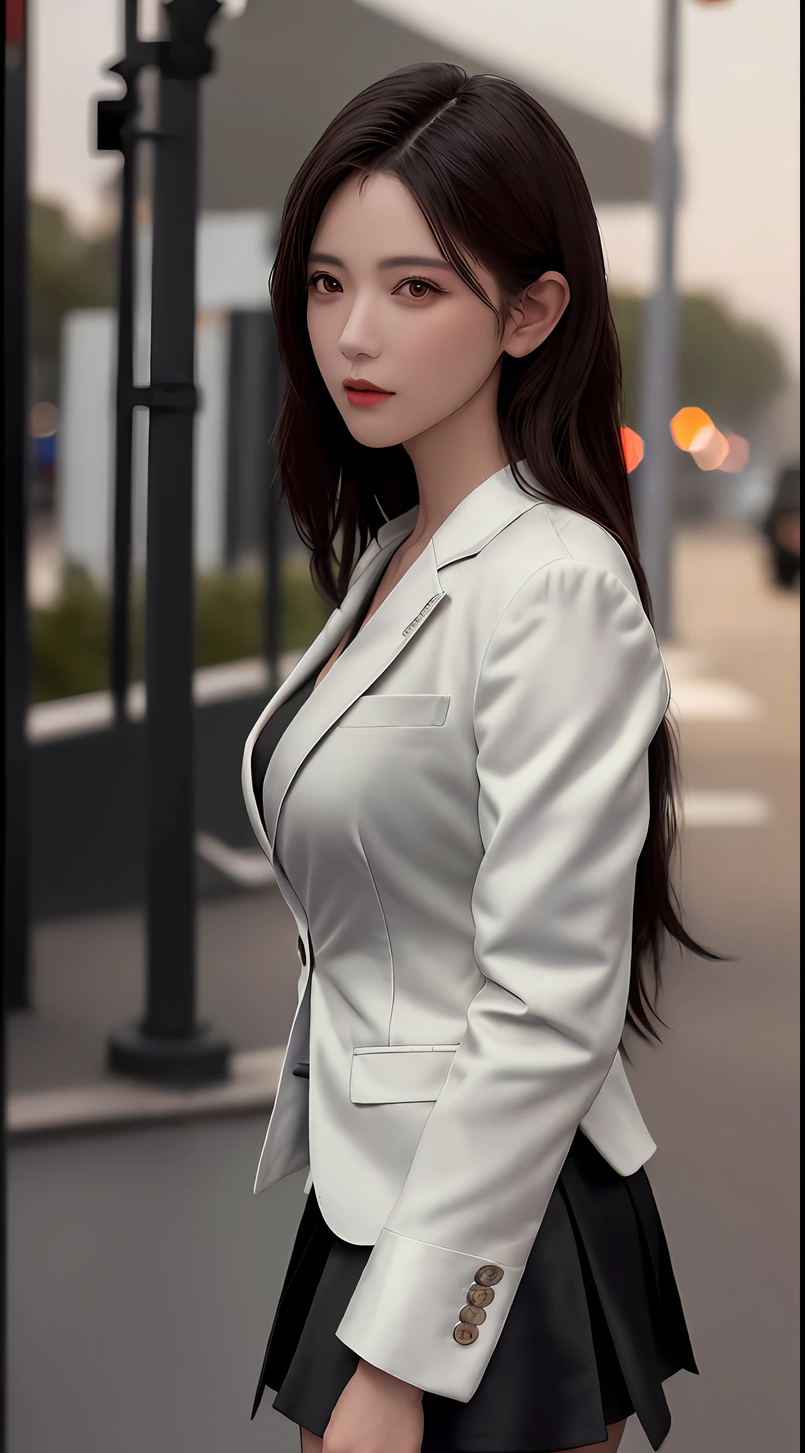 best quality, masterpiece, 1girl, Beautiful face, (photo realistic:1.3), rim lighting, (high detailed skin:1.2), 8k uhd, dslr, high quality, high resolution, 4k, 8k, Bokeh, absurdres, best ratio four finger and one thumb, (realistic:1.3), cute 1girl, wearing black formal blazer, medium breasts, short skirt,
