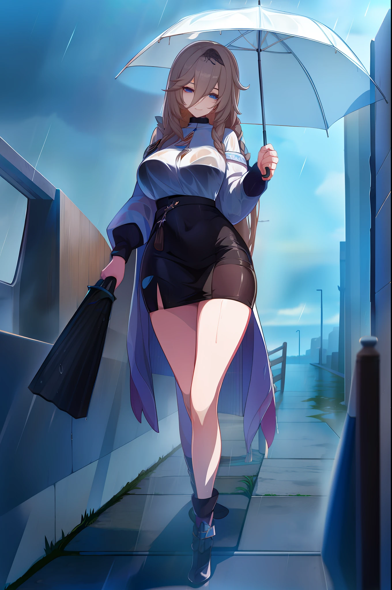 Aponiadef, walking in the rain, holding an umbrella, clothes little wet, smiling forward