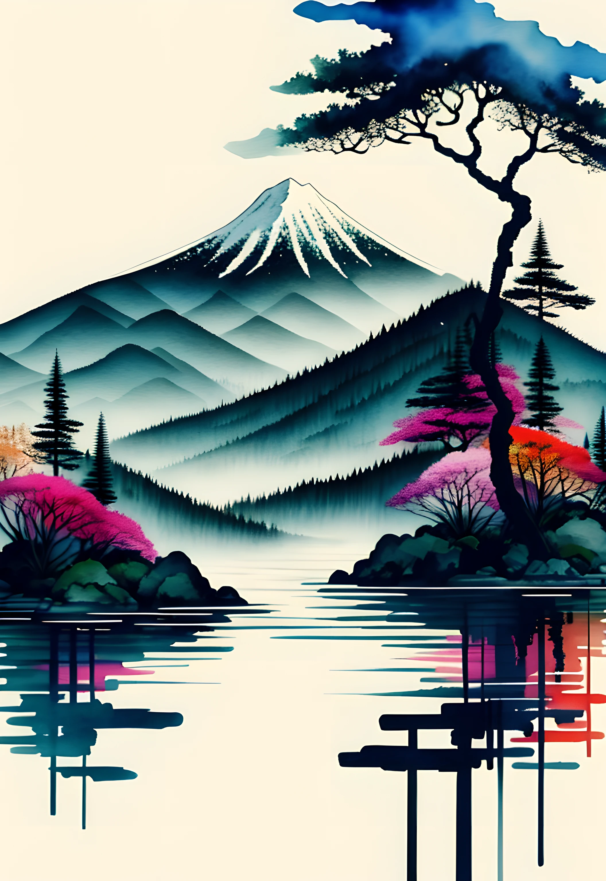 white background, scenery, watercolor, mountains, water, trees, colorful,