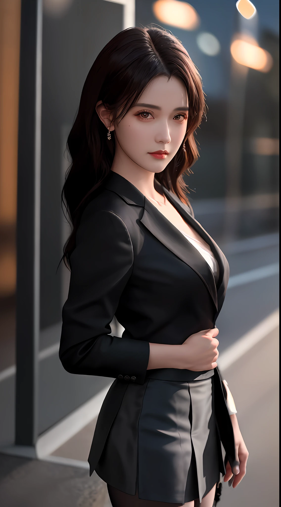 best quality, masterpiece, 1girl, Beautiful face, (photo realistic:1.3), rim lighting, (high detailed skin:1.2), 8k uhd, dslr, high quality, high resolution, 4k, 8k, Bokeh, absurdres, best ratio four finger and one thumb, (realistic:1.3), cute 1girl, wearing black formal blazer, medium breasts, short skirt,
