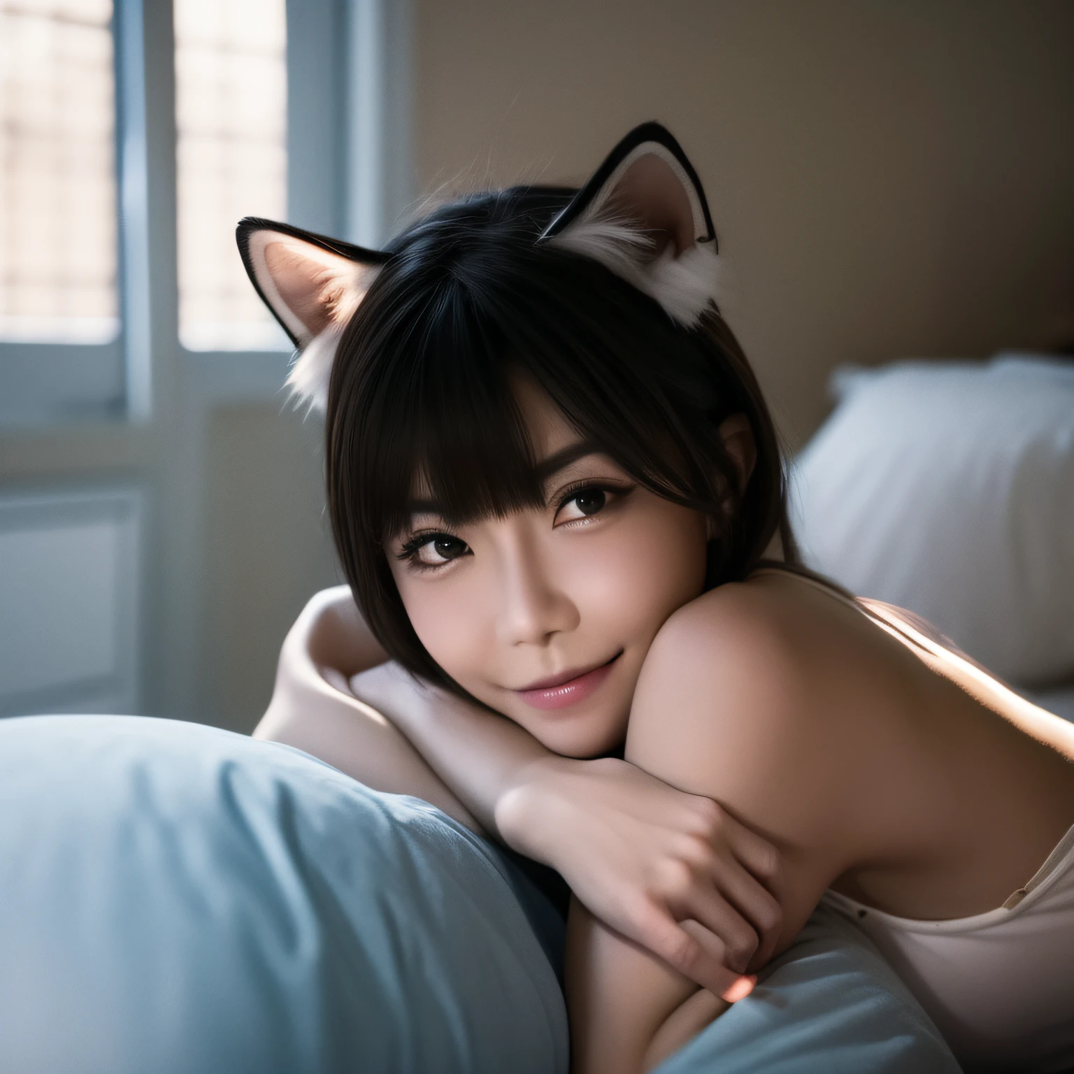 black hair, hair bobbles, wince, longeyelashes, solid circle eyes, fake animal ears, light smile, ear blush, fang, asian beauty, eyes are far apart, almond-shaped eyes, pupil width is white:black:white = 1:1:1, pupil length is black:white = 1:1.5, trilobed eyes, nose width larger than eye width, round nose, lips are large, upper lip to lower lip ratio 1:1.5, downturned corners of mouth, arched eyebrows, medium thickness, Japanese, large cheekbones, standard nose size, crescent shape eyebrows, full lips, forehead width 13.52cm, cheekbone width 14.73cm, jaw width 10, 07 cm, upper face is 4.72cm, middle face is 9cm, lower face is 4.84cm, streaked hair, hair over shoulder, swept bangs, medium hair, bob cut, nihongami, mole under eye, rolling eyes, dashed eyes, empty eyes, half-closed eyes, eyeball, tsurime, sanpaku, solid circle eyes, makeup, bat ears, tiger ears, Surrealism, drop shadow, anaglyph, stereogram, tachi-e, pov, atmospheric perspective, zoom layer, first-person view, lens flare, 8k, super detail, ccurate, best quality, 8k
