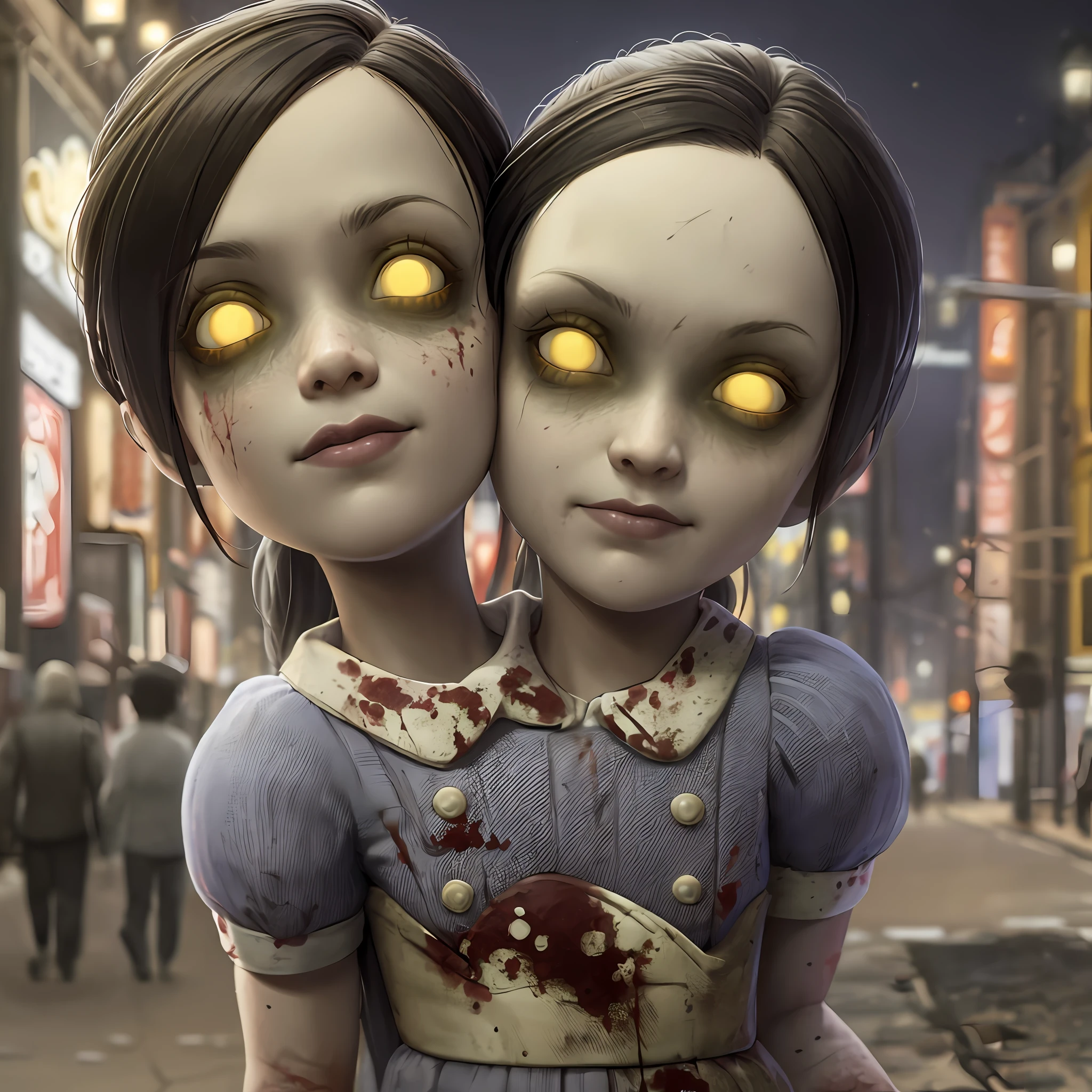 masterpiece, best quality, 2heads, 2heads attached to one body, conjoined twins, 1girl, lilsis, dirty, blood, muddy dress, black hair, dress, horror \(theme\), solo, yellow eyes, dark, yellow sclera, glowing eyes, solo, dark, city background, night  sky, neon city light,  girls