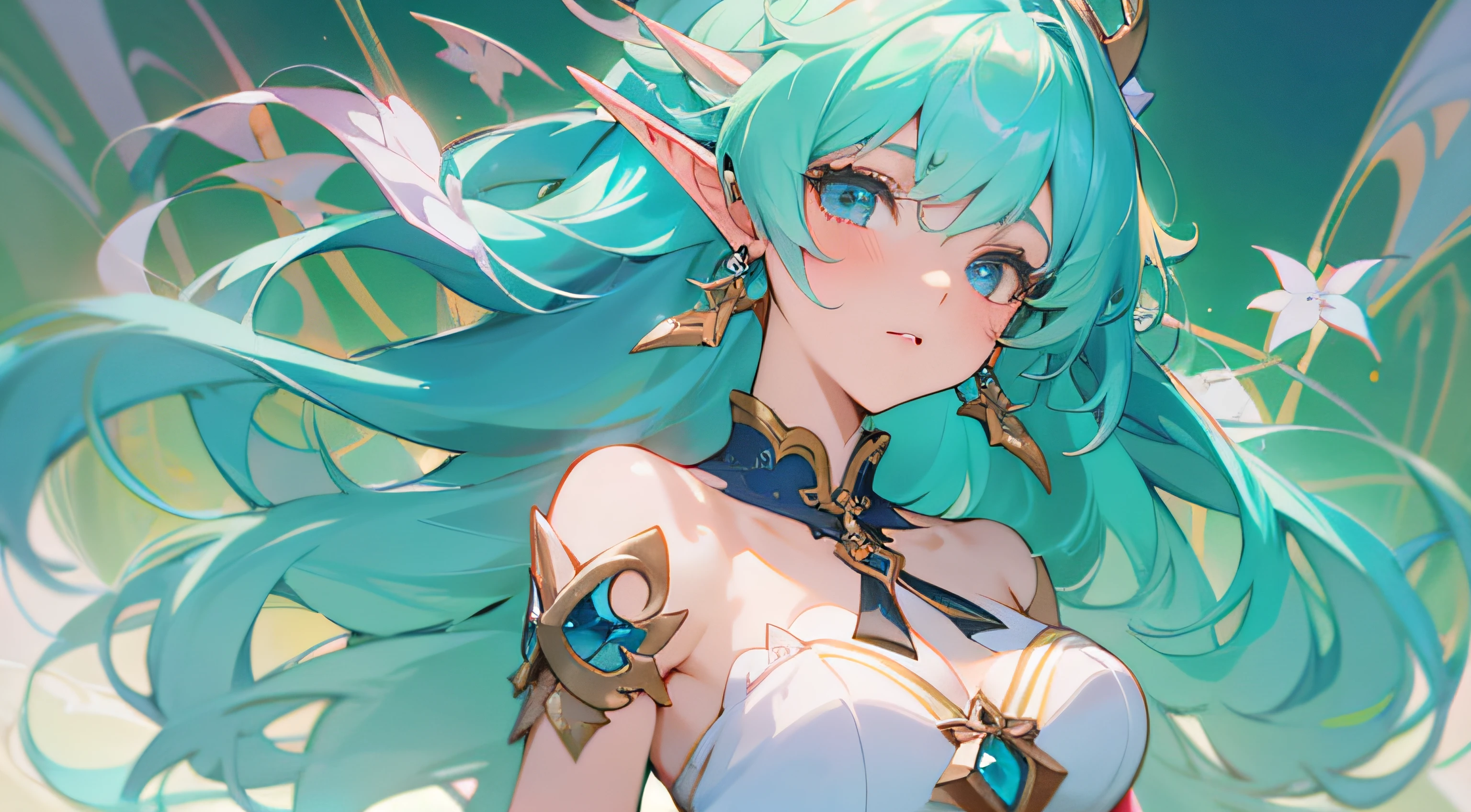 anime - style image of a woman with blue hair and a blue dress, extremely detailed artgerm, trending on artstation pixiv, artgerm on artstation pixiv, 8k high quality detailed art, anime goddess, ! dream artgerm, genshin, 2. 5 d cgi anime fantasy artwork, anime fantasy artwork,((elf ears)), ((long hair)), ((white dress)), ((full body))