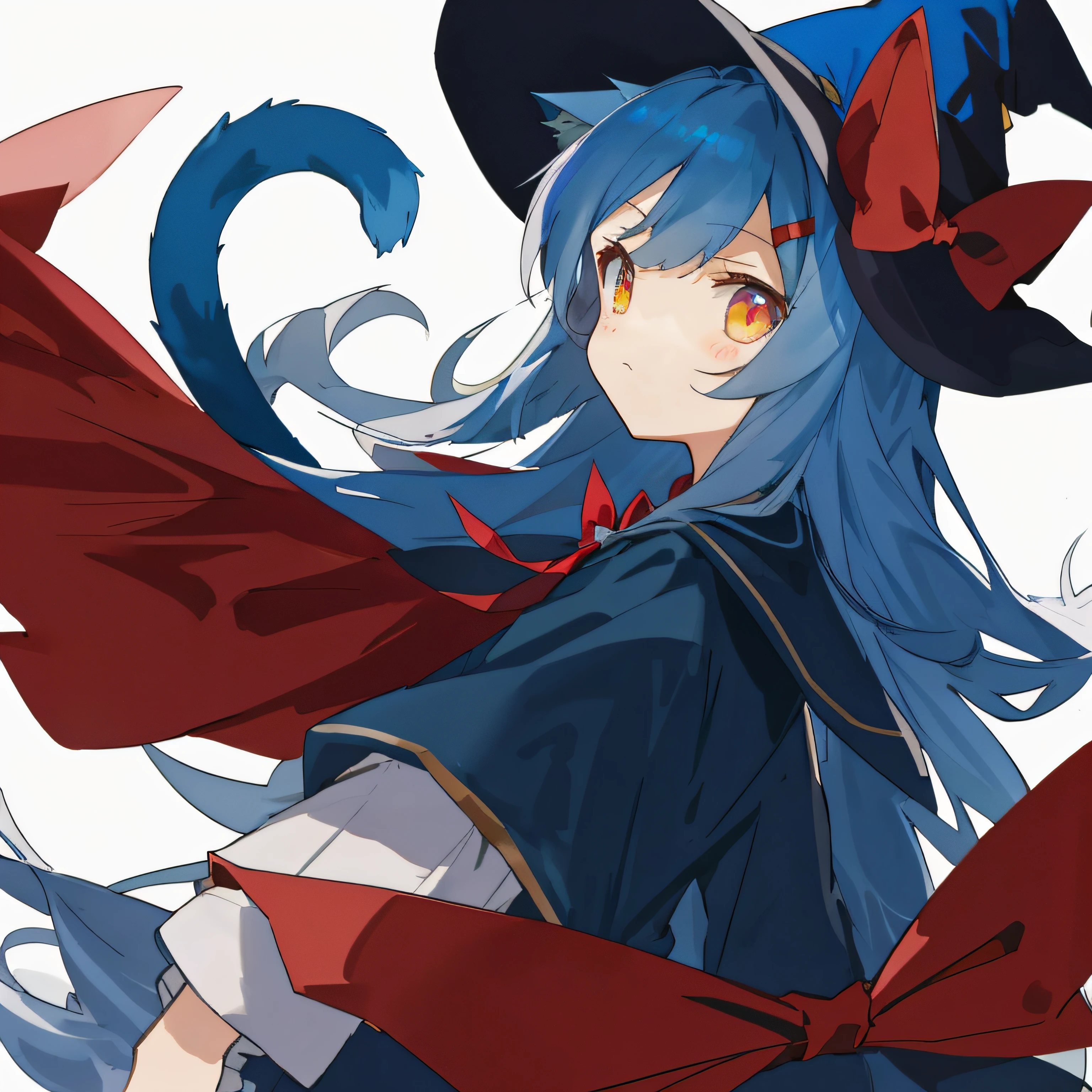 A blue hair,Cute loli witch with cat ears,Has golden eyes,A red bow is worn on his head,There are two red hairpins,Long chest-length hair,White shirt inside,Wear a dark blue preppy uniform and a red bow,Whole body diagram,Wearing a witch hat,Anime style,serious expressions