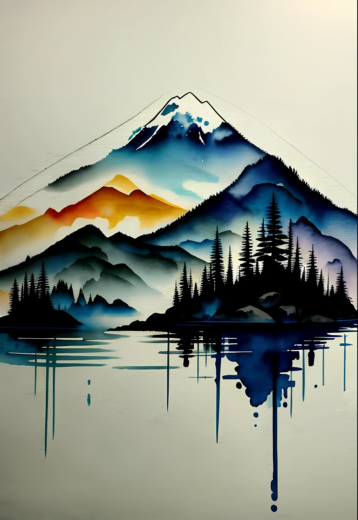 white background, scenery, watercolor, mountains, water, trees, colorful,