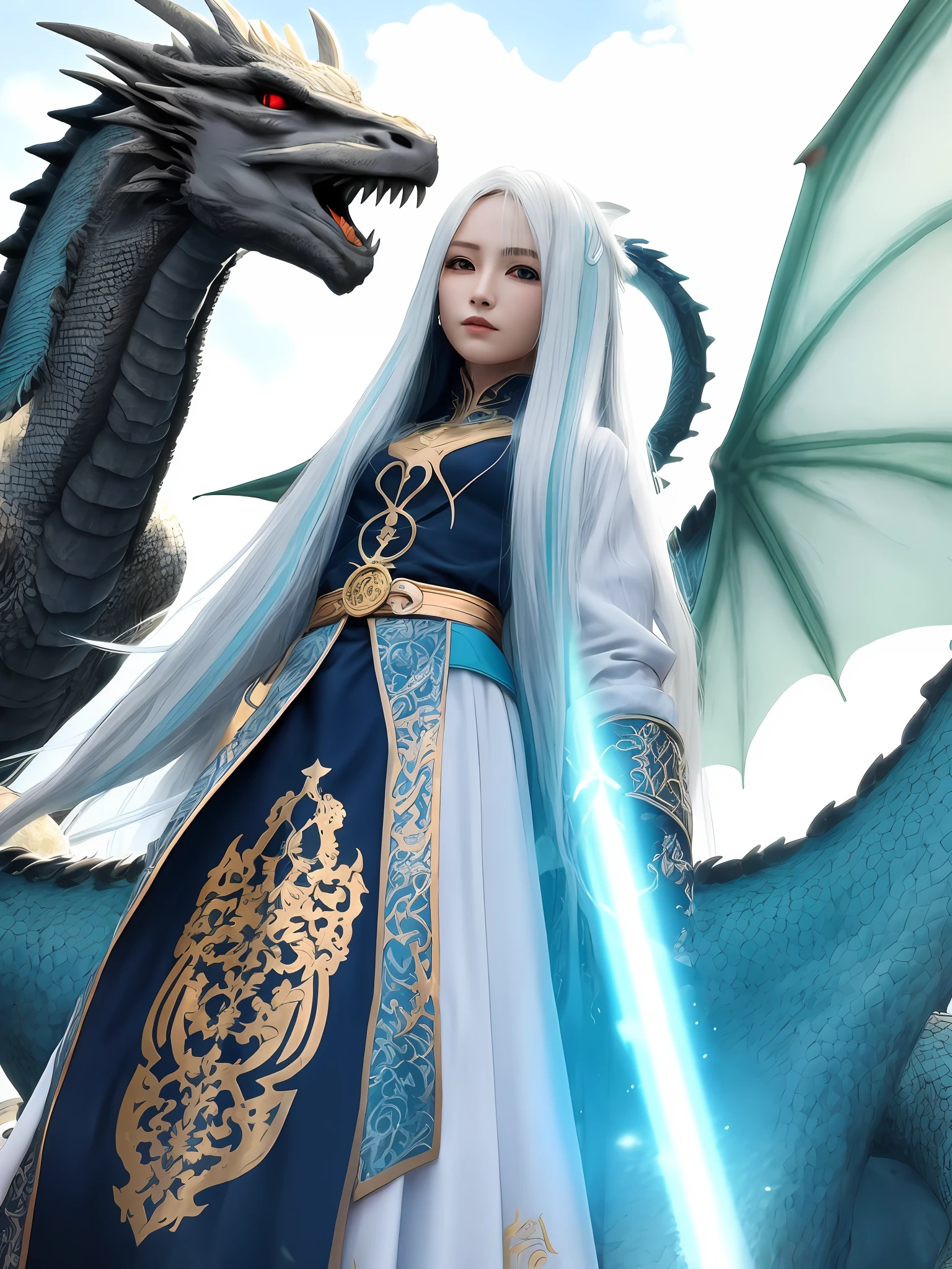 Bright cyan eyes, long white hair, dragon clan, maiden, guardian, destruction, true light