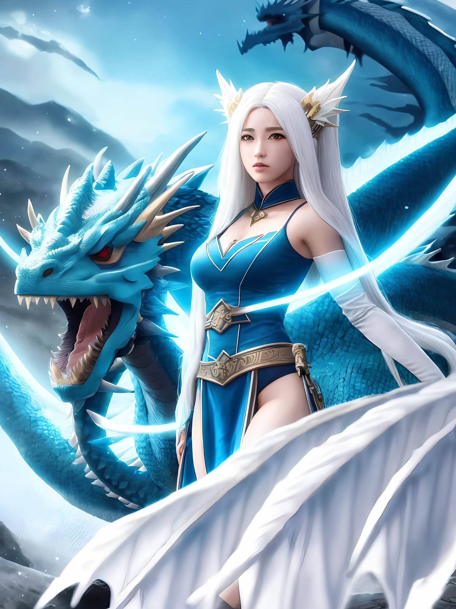 Bright cyan eyes, long white hair, dragon clan, maiden, guardian, destruction, true light