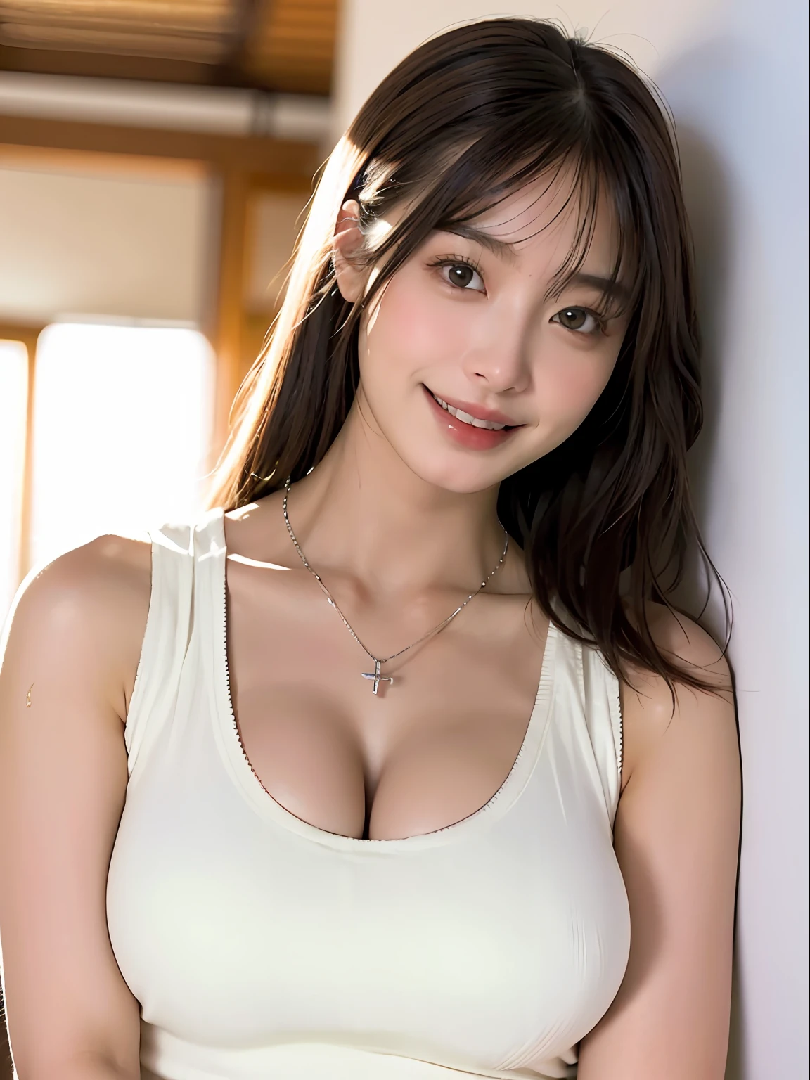 (A hyper-realistic), (illustratio), (hight resolution), (8K), (ighly detailed), (The best illustrations), (beatiful detailed eyes), (top-quality), (ultra-detailliert), (masterpiece), (wall-paper), (详细的脸),Luxury bed、Upper body close-up,Armpit, A smile,Plump,独奏,Girl in white tank top with open chest, japanes, large full breasts, (camel's toe)、huge-breasted、Detailed, well-groomed white teeth、Ultimate Beauty、shot on the Canon EOS R 6、full of sweat、(beautiful detailed teeth)、Silver necklace、Perfect and beautiful female hands、Perfect tooth alignment、Perfect fingers、Navel dashi、Mansuji、Beautiful butt、mekosji、sexy panties、