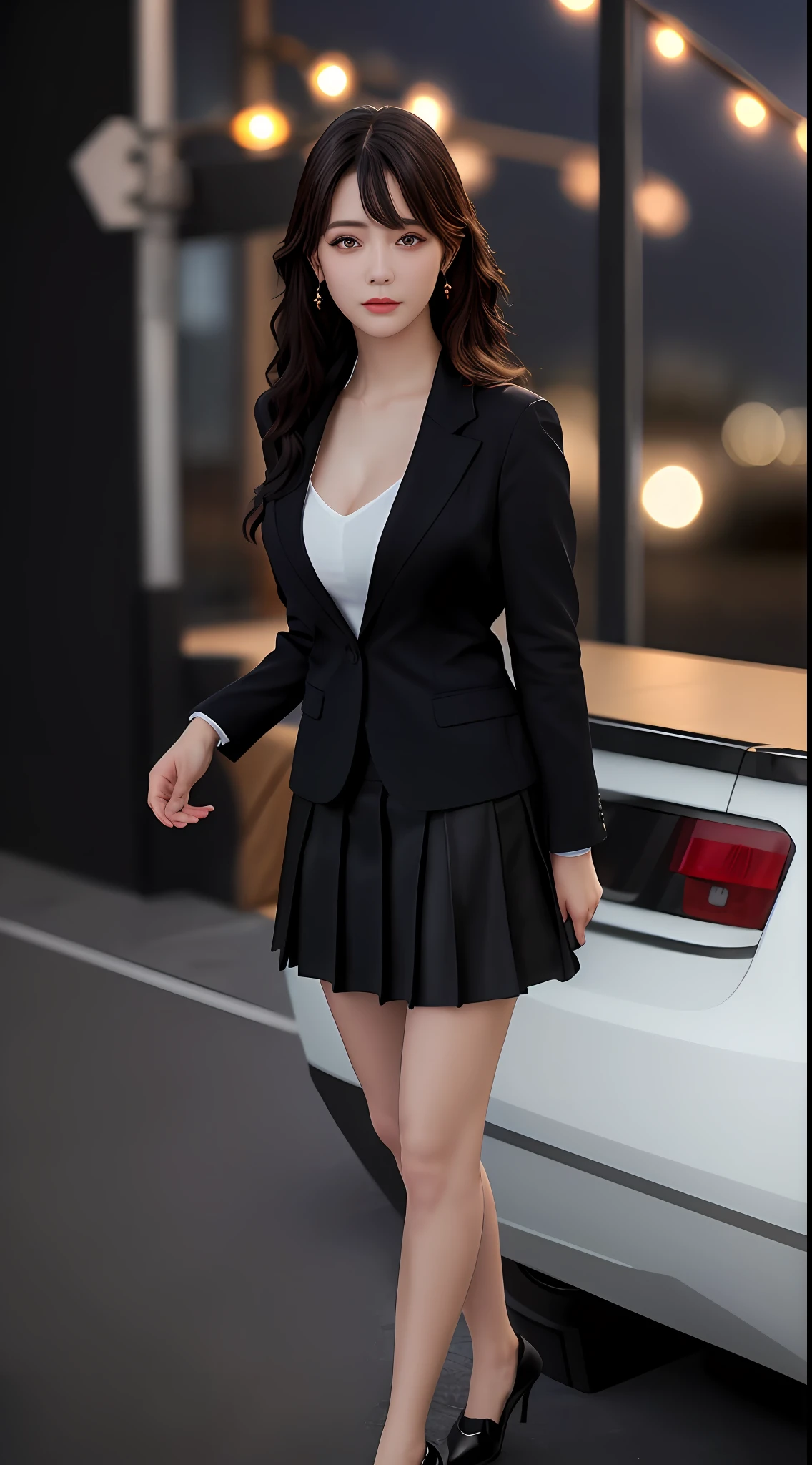best quality, masterpiece, 1girl, Beautiful face, (photo realistic:1.3), rim lighting, (high detailed skin:1.2), 8k uhd, dslr, high quality, high resolution, 4k, 8k, Bokeh, absurdres, best ratio four finger and one thumb, (realistic:1.3), cute 1girl, wearing black formal blazer, medium breasts, short skirt,