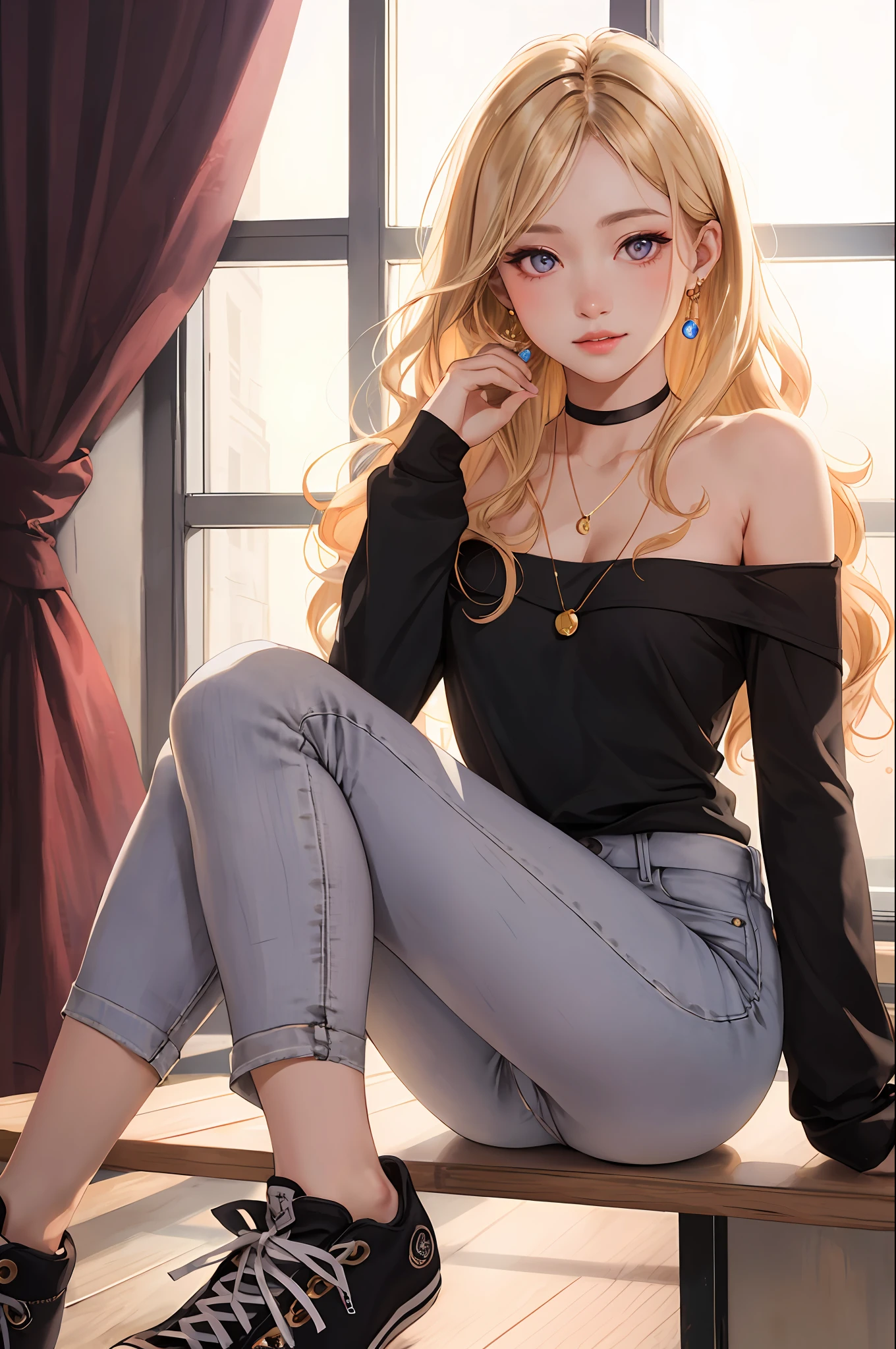 realistic, best quality, 8k uhd, dslr, soft lighting, high quality, film grain, Fujifilm XT3, intricate detail, depth of field, 17 years old girl, sitting, (lens flare, backlight:1.2), (caramel blonde, long wavy hair), earrings, hair ornament, off shoulder blouse, blush, choker, looking at viewer, flash, medium breast size, light coloured jeans, detailed purple eyes, realistic face, beautiful face, cute face, adult face, soft pink lips, slim frame, long legs, full body, standing pose, black converse shoes, smooth skin, slim figure, medium butt size, glossy lips, small feet, small hands, perfect hands