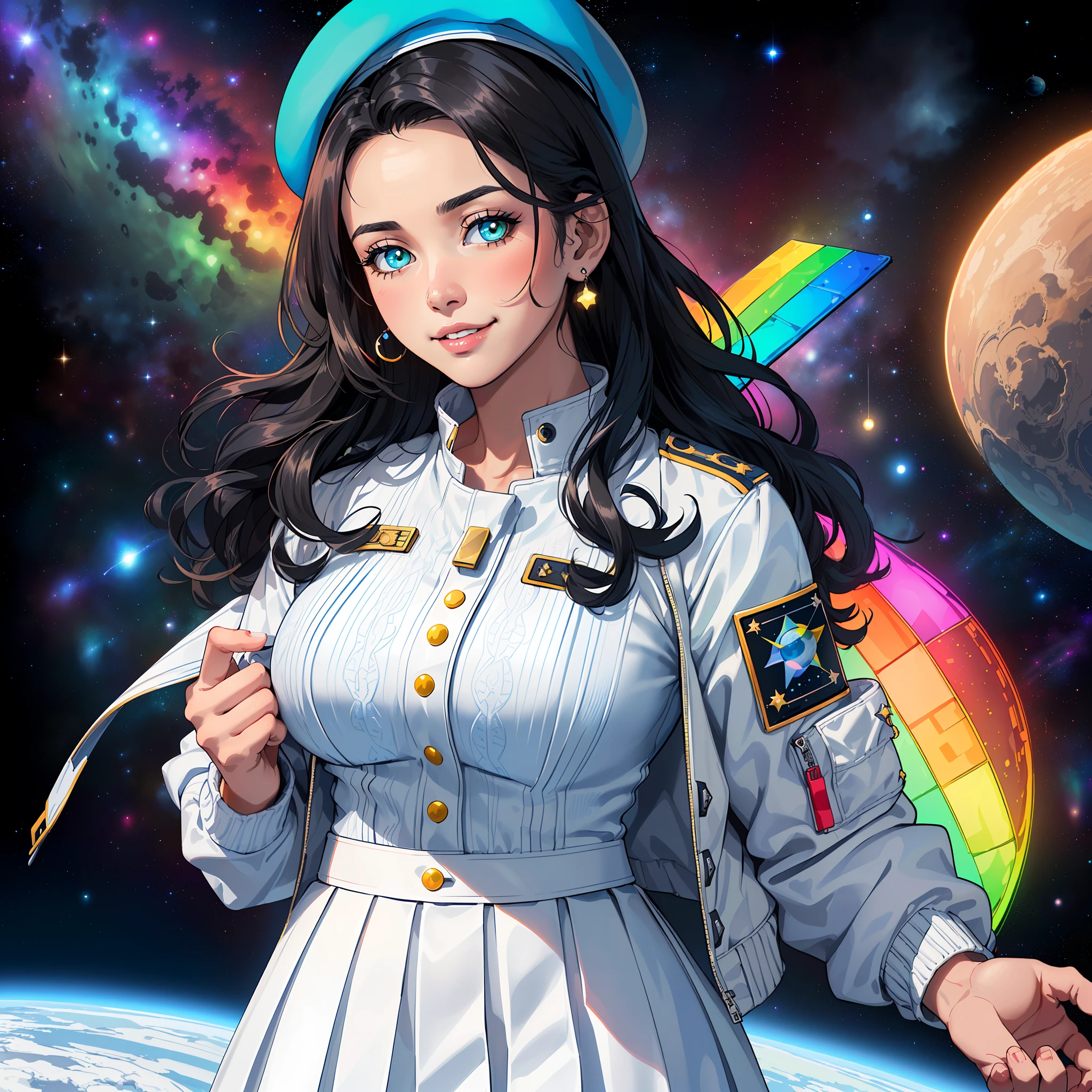 (((((1Young woman))), the anime, Green eyes, (black hair), Nice face, ssmile, the perfect body, Wavy Hair, hairlong, (((morena))), big breastes, ((tmasterpiece, beste-Qualit)), illustartion, ультра детализированная 8k, Photorealistic, sharp-focus, higly detailed, Professional lighting, colorful details, Rainbow colors, Glowing, intricate detials, Vivid details, (white skirt), (blue jacket), (white shirt), outer space, Planet, the stars, a space ship , Blue beret on his head