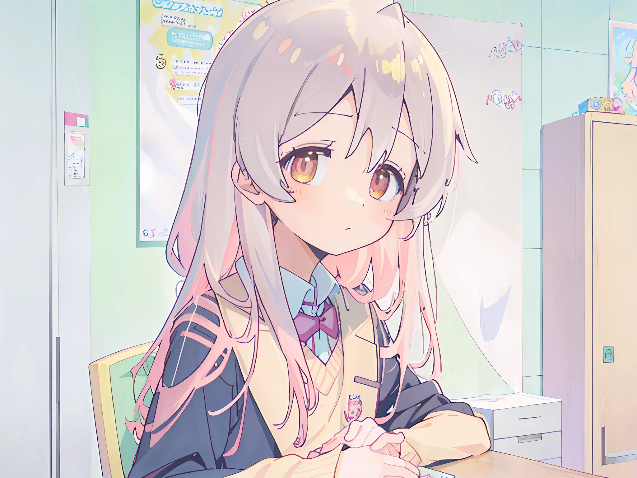 Anime girl with pink hair sitting on table in school uniform, Smooth anime CG art, Beautiful Anime High School Girls, Anime girl with long hair, Surrealism female students, Realistic schoolgirl, seductive anime girls, Surrealism female students, Cute anime girl, up of young anime girl, Anime art wallpaper 8 K, attractive anime girls, Beautiful anime girl