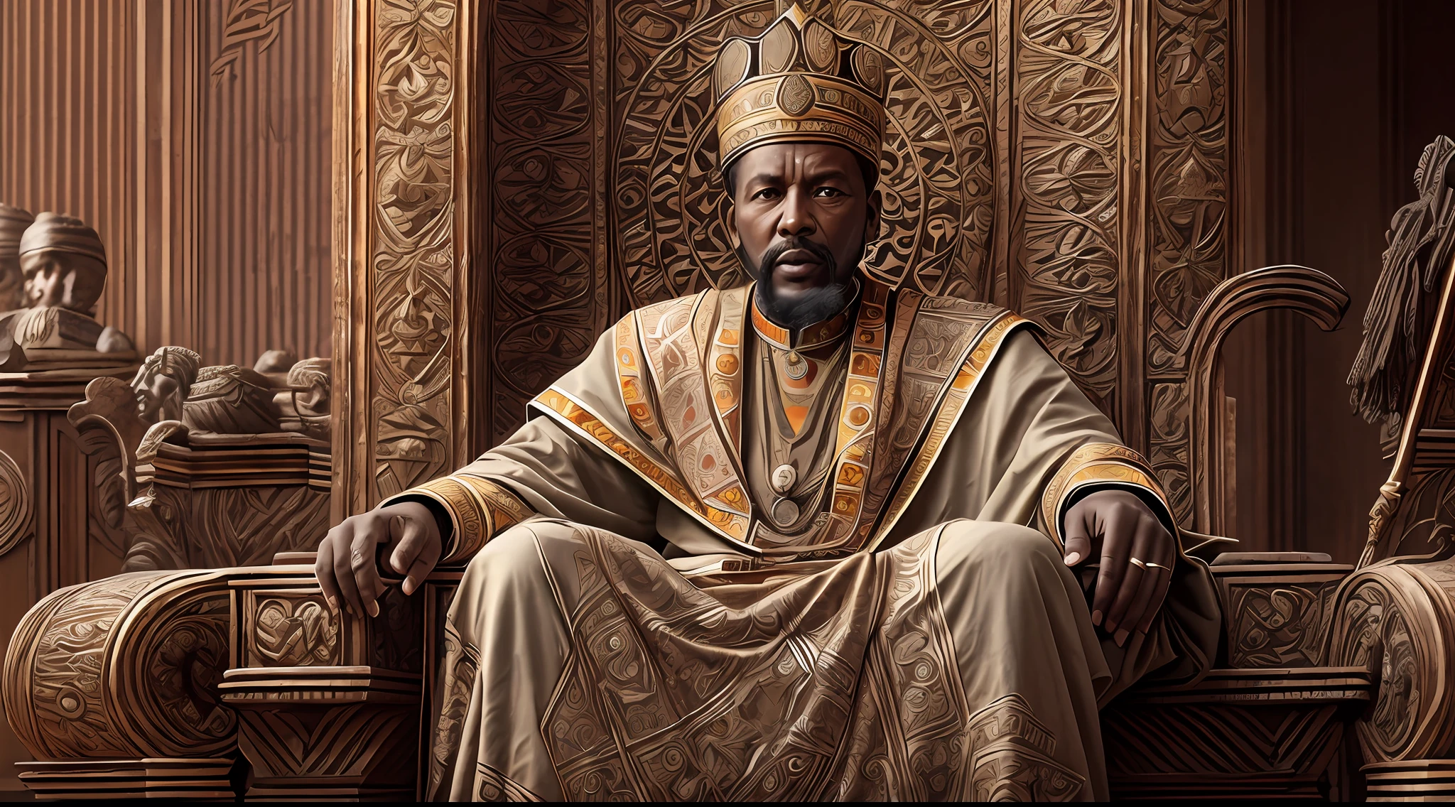 (Detailed wording) melhor qualidade, 500px, cg Society, 8k, Raw photo King of the Tenth Century A.C. Menelik I of Ethiopia sitting on his throne --auto