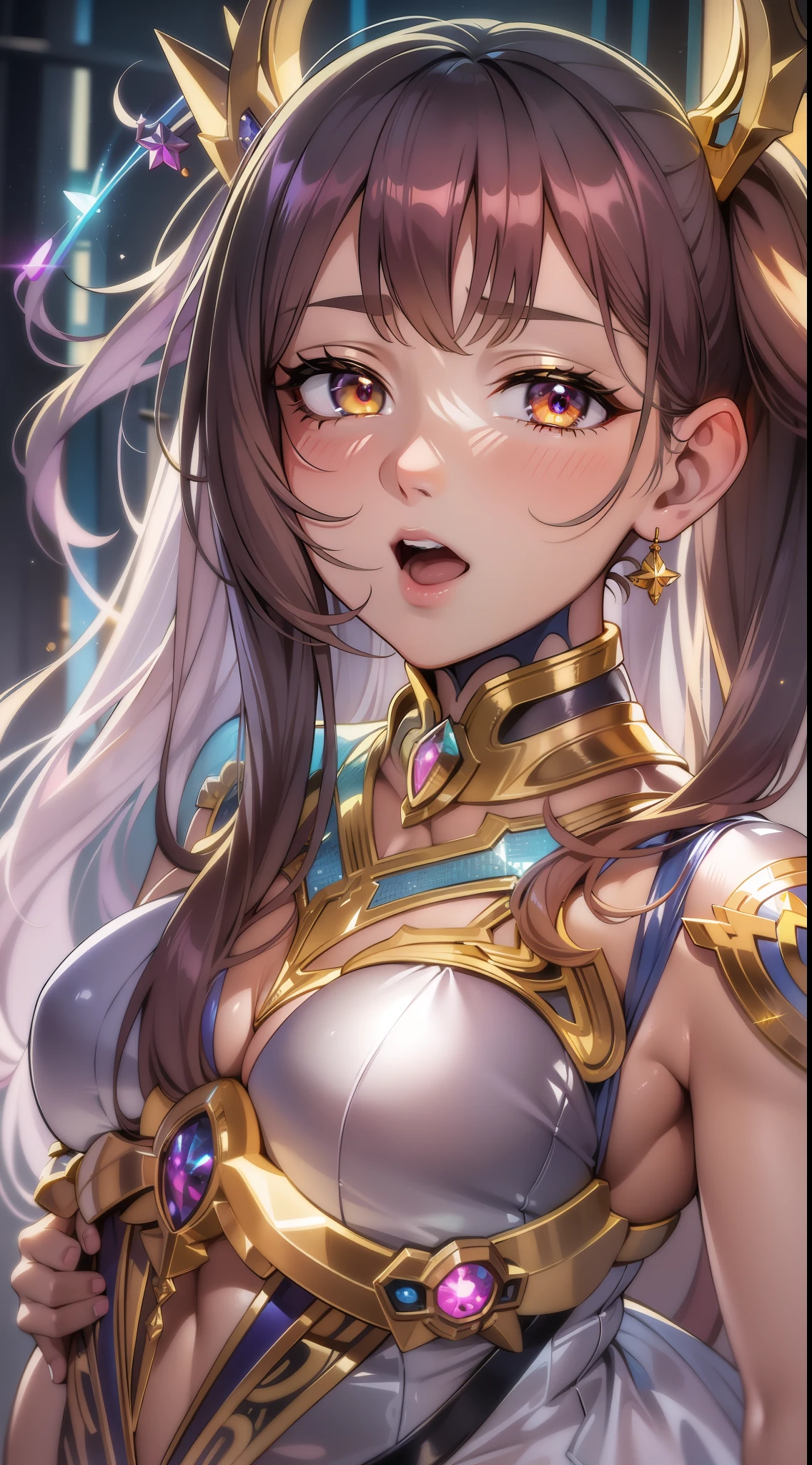 ((Masterpiece)), best quality, absurderes, ultra detailed, 8k, super complex details, intricate details, holographic, cowboy shot, golden ratio, super cute girl, mature girl, idol girl, aura super beautiful asian girl with very beautiful glowing eyes, beautiful glowing multicolored hair, high ponytail, nice and sexy body, slim body, perfect body, wearing a super tight and super cute leotard, a super sexy golden armor and cute and celestial hair ornament, with a cute magical pet, in a futuristic Tokyo