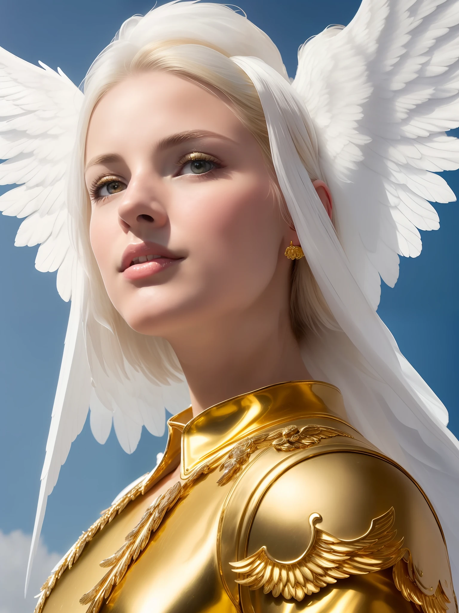 ((best quality)), ((masterpiece)), ((ultra realistic)), (dynamic sexy pose), RAW,, a beautiful blonde female archangel, Soft facial features, feathered white wings, (white enamel armor with detailed gold parchment work), (((pure white silk)), ((shining gold halo))), in the sky, (clouds lined with celestial gold), professional full-body shooting, dramatic cinematic lighting, neon edge lighting,